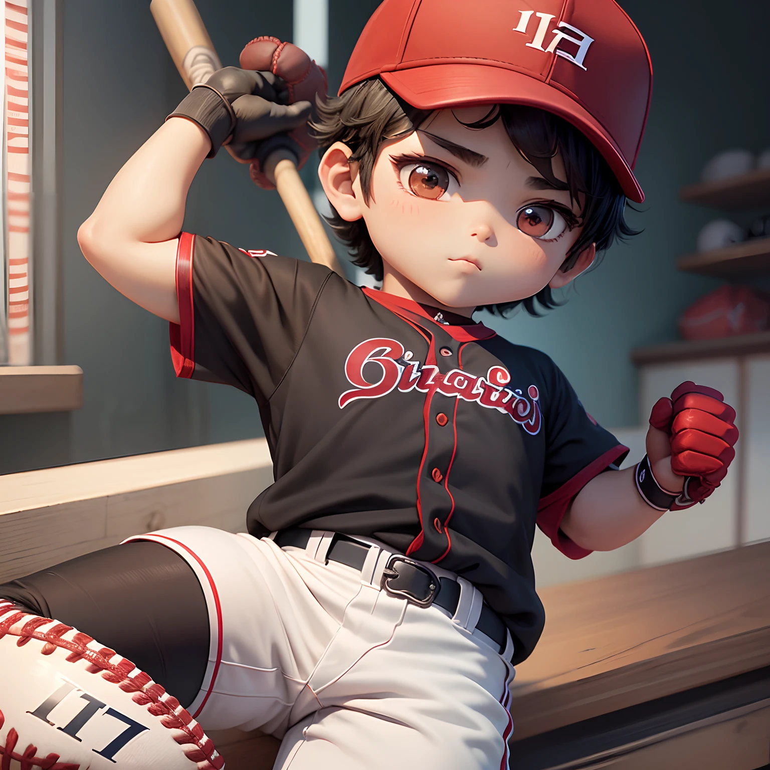 ​masterpiece、top-quality、ultra-detailliert、(Chibi Baseball Player Boy:1.2)、独奏、Black short-haired、(Red Baseball Uniform:1.2)、Baseball gloves、Baseball bat、The background is a baseball field、(17 Numbers:1.2)、Rooting curtains、