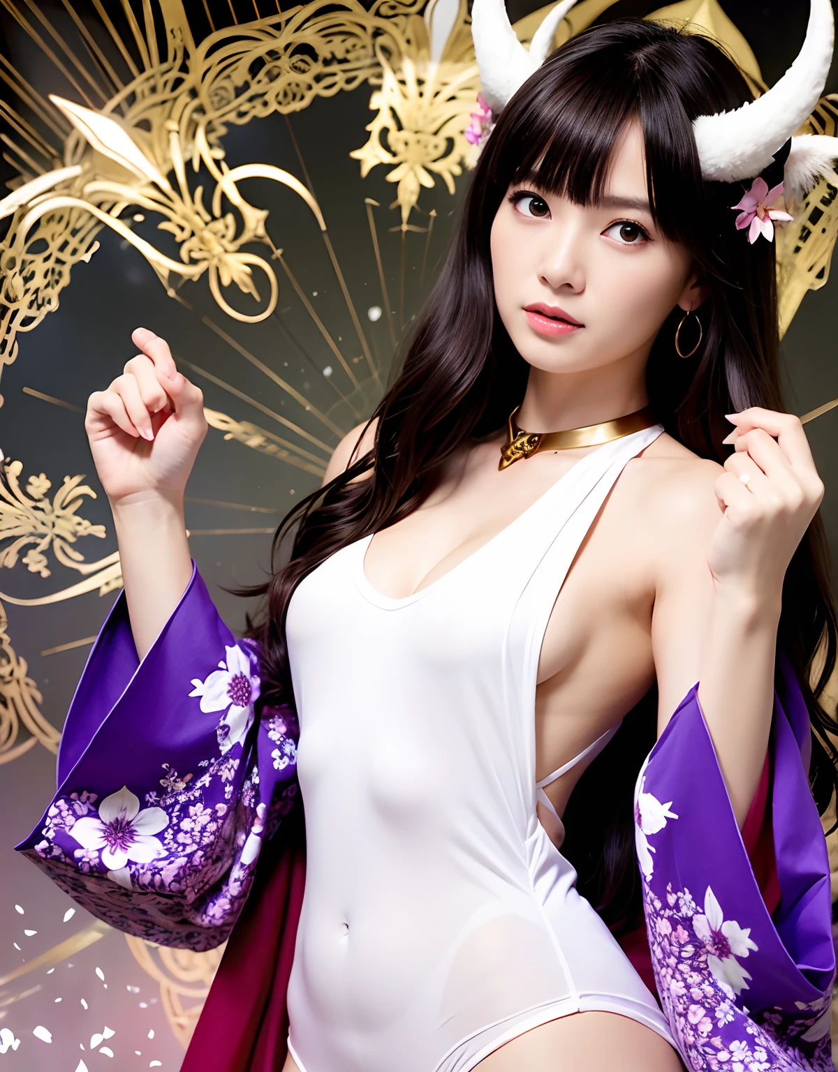 ((White ghost flies)),Professional , masterpiece、top-quality、photos realistic , depth of fields 、(Various poses)、(Background of cherry blossoms in full bloom),(Ultimate Beauty)、(A dark-haired)、(Fight ninjas)、Mystical expression、(Kimono with scary pattern)、(Night background)、((Devil's Wings Grow)),(Wear a kimono with a horror pattern),Armpit、(Wearing a beautiful kimono with colorful scary patterns)、Jewel Gold Weapon、Particles of light),(Has a devil's mask)、Gorgeous gold weapons ,Skeleton population、(( Gorgeous Dragon Sword)) , (a dark night),,(White ghost flies) 、((Black Haired Beautiful Girl))、(Castle background)、(demonic wings)、((Gangle's forest background))、Beautiful Caucasian beauty、1a person、dynamic ungle,(((Two devil's horns on the head)))、Smaller head、Idle Smile、Thin and beautiful female hands、Mystical expression、Light Effects、intense fighting、Wind-effect、magic circles、With the legendary magic wand、Dragon's tail、