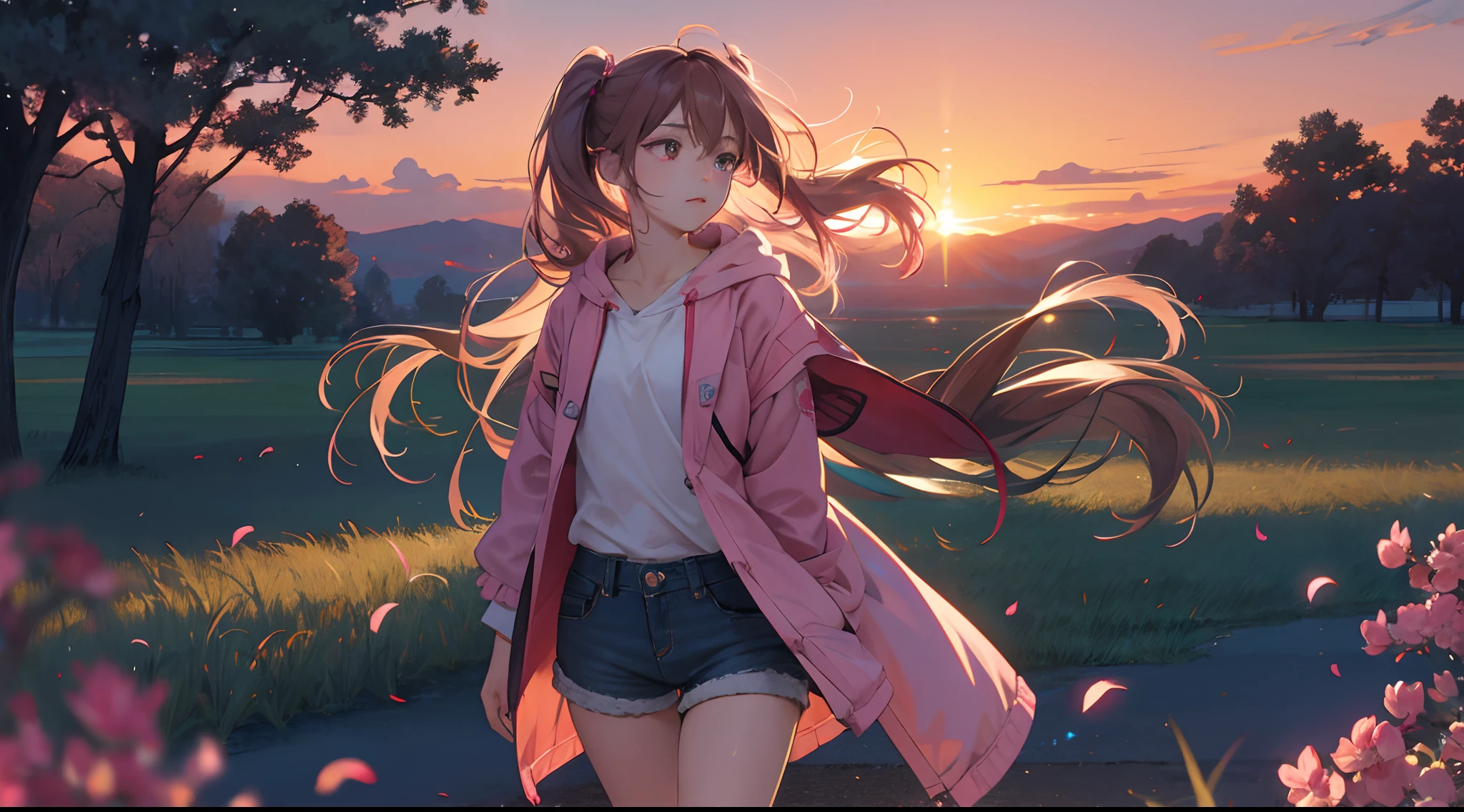 (masterpiece), ((top-quality)), (ultra-detailliert), ((extremely delicate and beautiful)),the Extremely Detailed CG Unity 8K Wallpapers,细致背景,,colourfull,、Beautiful detailed sunset sky、Evening glow、Drift Racing(Parallel Flow)、Breeze on big cherry tree background、Standing in the sunset flower field,Woman showing her back,Hair that flutters in the wind,Lights to plug in,Lonely look,Gaze into the distance,Pink highlights on brown hair,beautidful eyes,Beautiful eyes,long twin tail hair,Red and pink decorative long jacket with hood,Denim shorts,slim figure,Delicately expresses realistic skin texture,Floating on a spiral luminous object,Firefly luminescence,Facial expression close-up