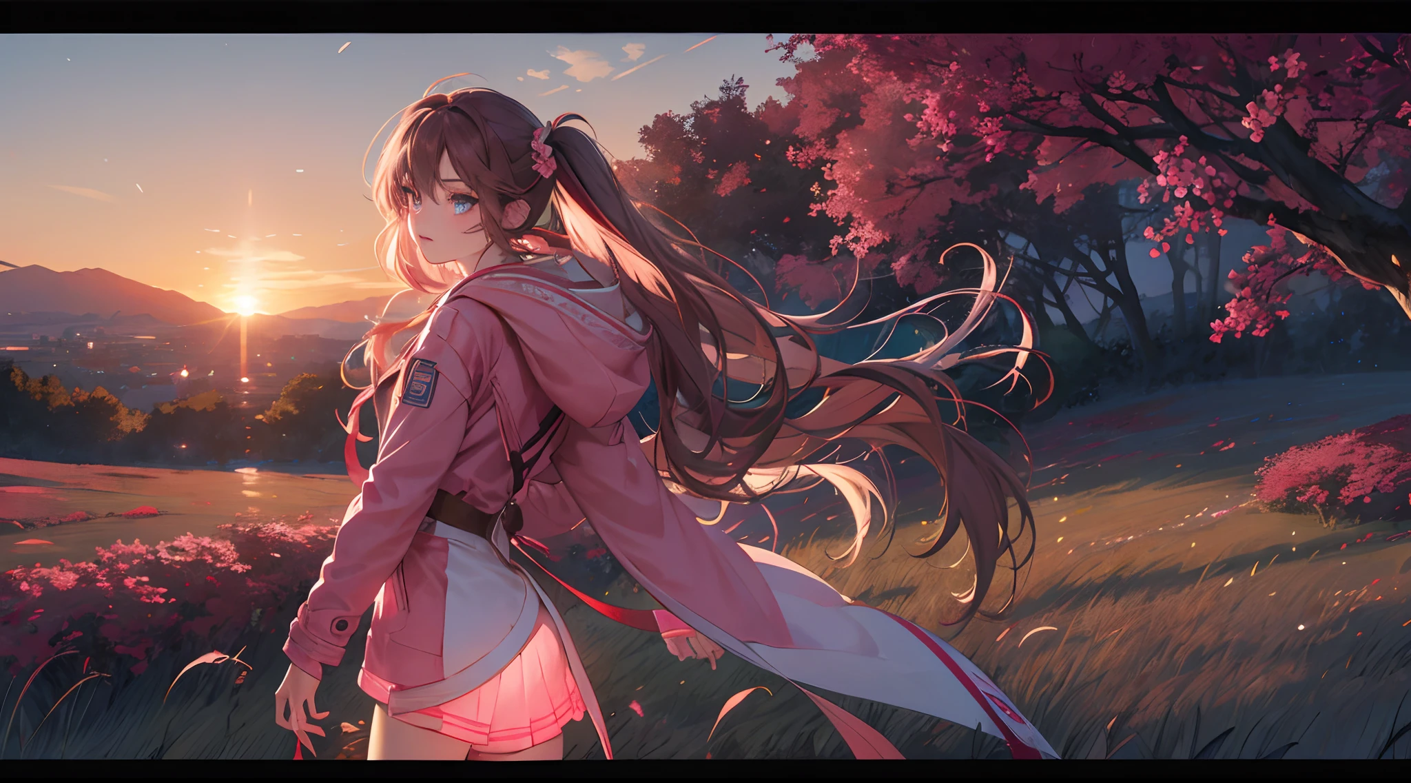(​masterpiece), ((top-quality)), (ultra-detailliert), ((extremely delicate and beautiful)),the Extremely Detailed CG Unity 8K Wallpapers,细致背景,,colourfull,、Beautiful detailed sunset sky、Evening glow、Drift Racing(Parallel Flow)、Breeze on big cherry tree background、Standing in the sunset flower field，Woman showing her back，Hair that flutters in the wind，Lights to plug in，Lonely look，Gaze into the distance，Pink highlights on brown hair，beautidful eyes，Beautiful eyes，long twin tail hair，Red and pink decorative long jacket with hood，Denim shorts，slim figure，Delicately expresses realistic skin texture，Floating on a spiral luminous object，Firefly luminescence，Facial expression close-up