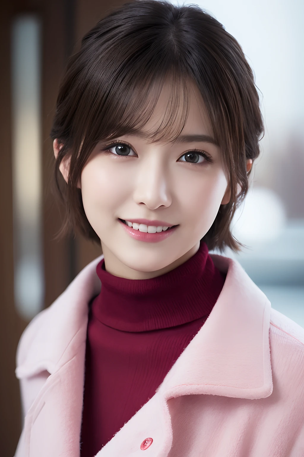 1girl in, (Red Turtleneck, Wearing a pink coat:1.2), (Raw photo, Best Quality), (Realistic, Photorealsitic:1.4), masutepiece, Extremely delicate and beautiful, Extremely detailed, 2k wallpaper, amazing, finely detail, the Extremely Detailed CG Unity 8K Wallpapers, Ultra-detailed, hight resolution, Soft light, Beautiful detailed girl, extremely detailed eye and face, beautiful detailed nose, Beautiful detailed eyes, Short hair, 
 Cinematic lighting, Winter scene, Perfect Anatomy, Slender body, Smiling