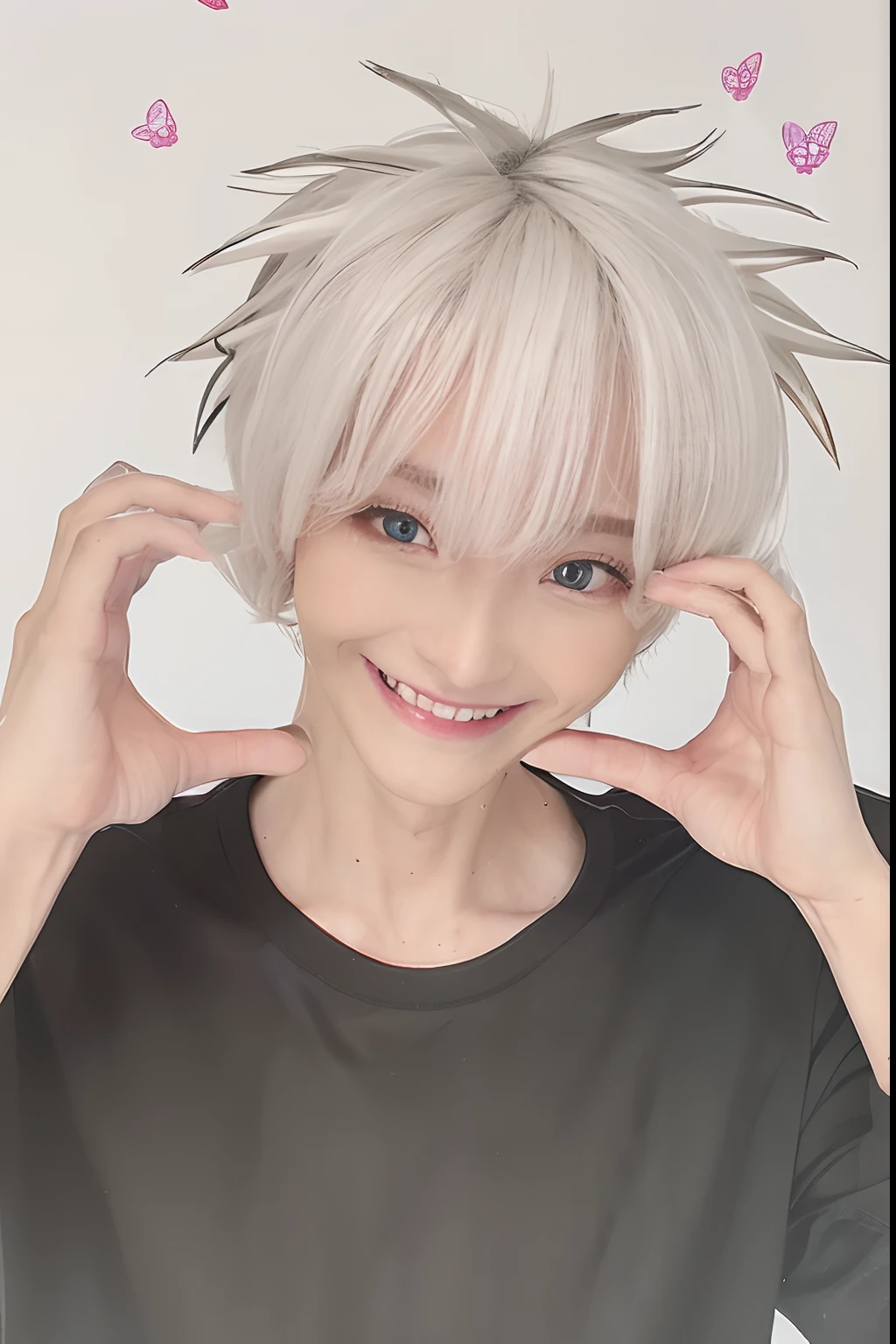 A boy, handsome, Long sleeve dark purple shirt, smile, white hair, realistic, ultra detail, 70mm lens.