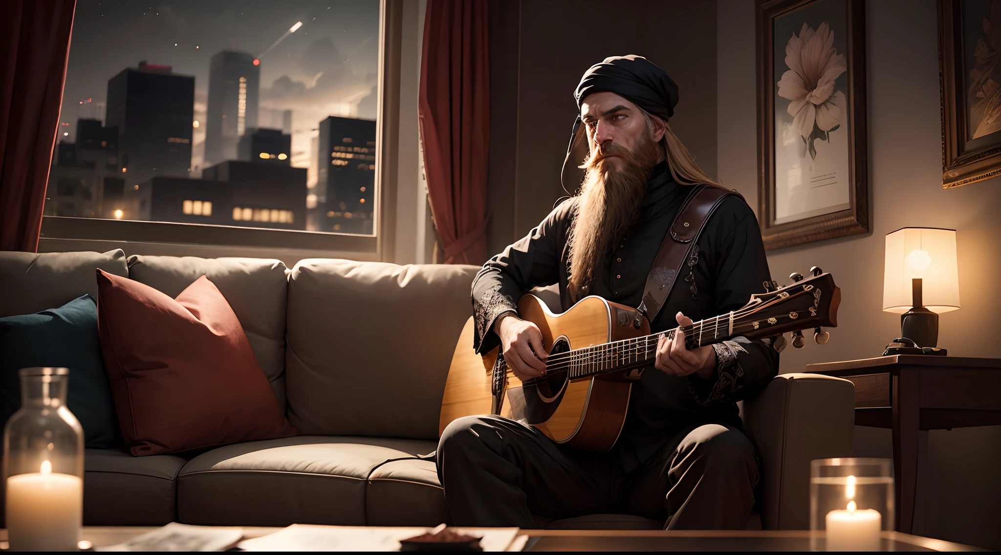 A long beard man, sitting on a couch,dredlock hair, playing guitar, dark room, flower vases, night, window, city outside, hyper realistic, masterpiece, information, detailed