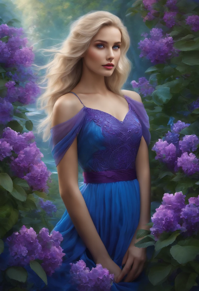 Light-haired, blue-eyed girl in a violet garden with a meeting of two rivers one red and one blue,