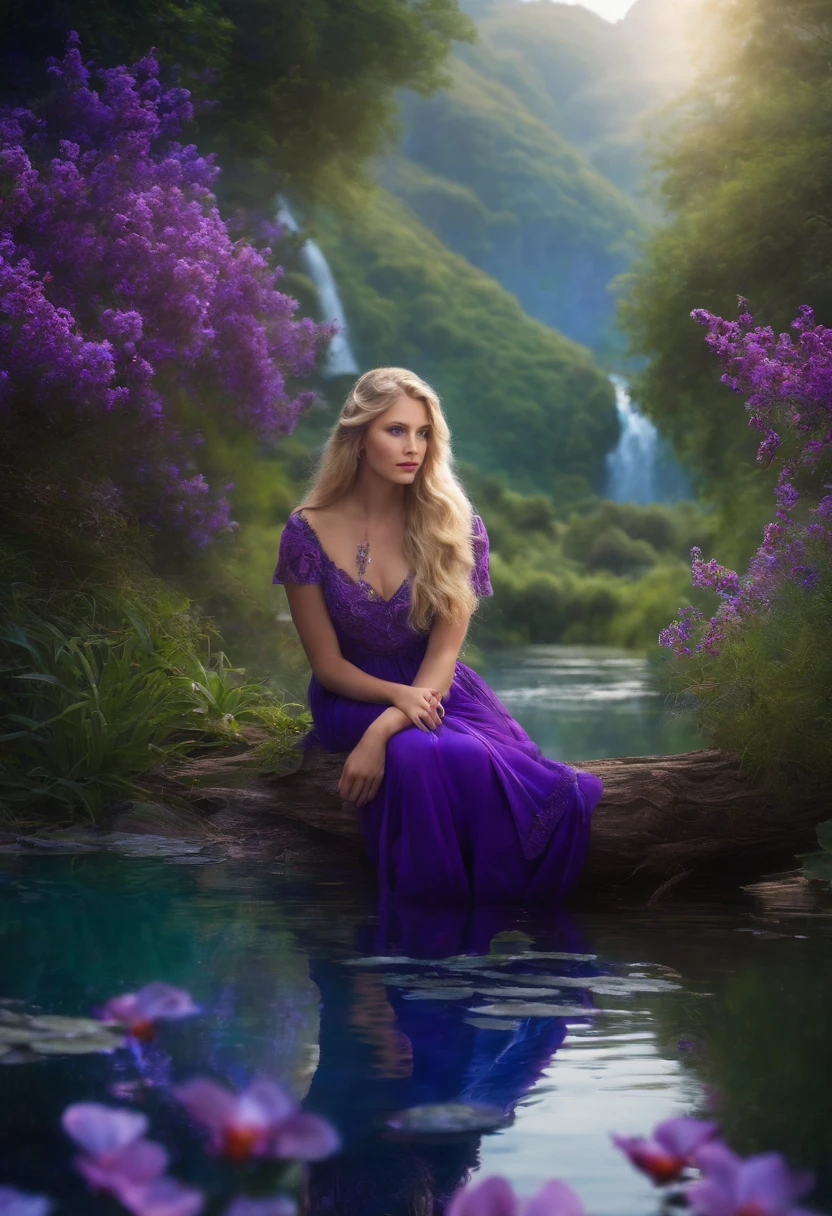Light-haired, blue-eyed girl in a violet garden with a meeting of two rivers one red and one blue,