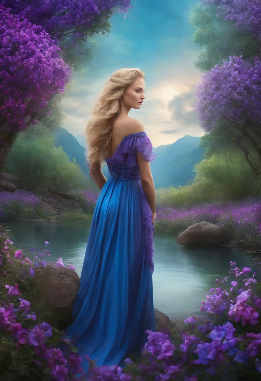 Light-haired, blue-eyed girl in a violet garden with a meeting of two rivers one red and one blue,