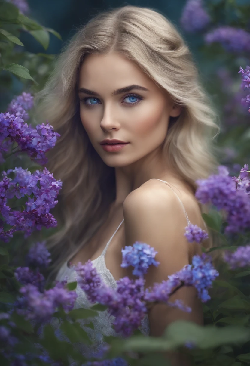 Light-haired, blue-eyed girl in a violet garden with a meeting of two rivers one red and one blue,