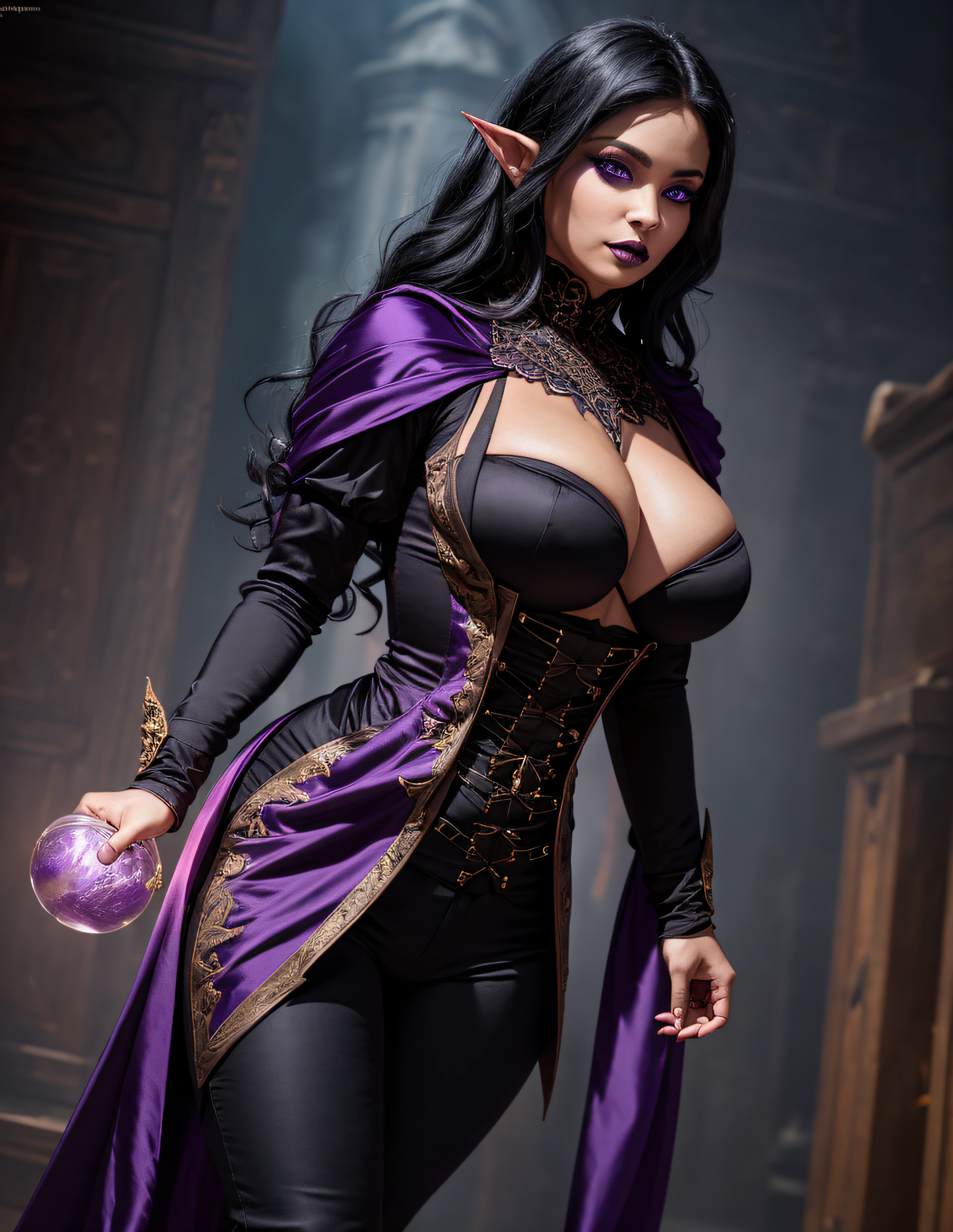 modelshoot style, (extremely detailed CG unity 8k wallpaper), full shot body photo of the most beautiful artwork in the world, beautiful woman, (((vivid purple eyes))), half-elf female wizard, conservatively dressed, modestly dressed, (buttoned up black sleeveless longcoat), (purple sleeves), (tight grey pants), (purple silk scarf), tied back silky shoulder length detailed black hair, (((fully clothed))), (dark gothic makeup), very light brown skin, (enormous breasts), small pointy ears, wide hips, hourglass figure, big booty, beautiful complexion, confident, alluring, gorgeous, Persian, powerful, magical realism, cinematic lighting