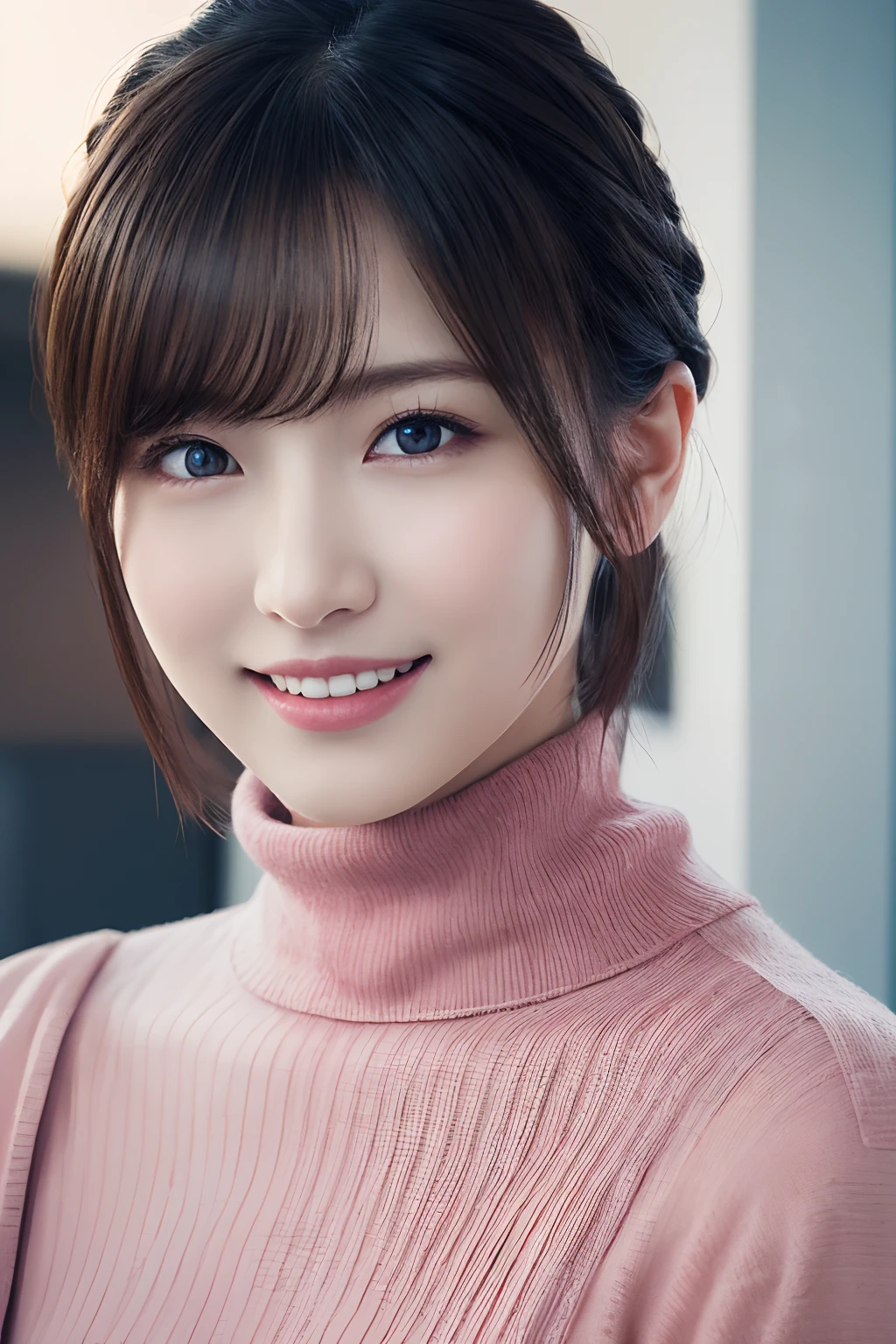 1girl in, (Red Turtleneck, Wearing a pink coat:1.2), (Raw photo, Best Quality), (Realistic, Photorealsitic:1.4), masutepiece, Extremely delicate and beautiful, Extremely detailed, 2k wallpaper, amazing, finely detail, the Extremely Detailed CG Unity 8K Wallpapers, Ultra-detailed, hight resolution, Soft light, Beautiful detailed girl, extremely detailed eye and face, beautiful detailed nose, Beautiful detailed eyes, Short hair,
Cinematic lighting, Winter scene, Perfect Anatomy, Slender body, Smiling