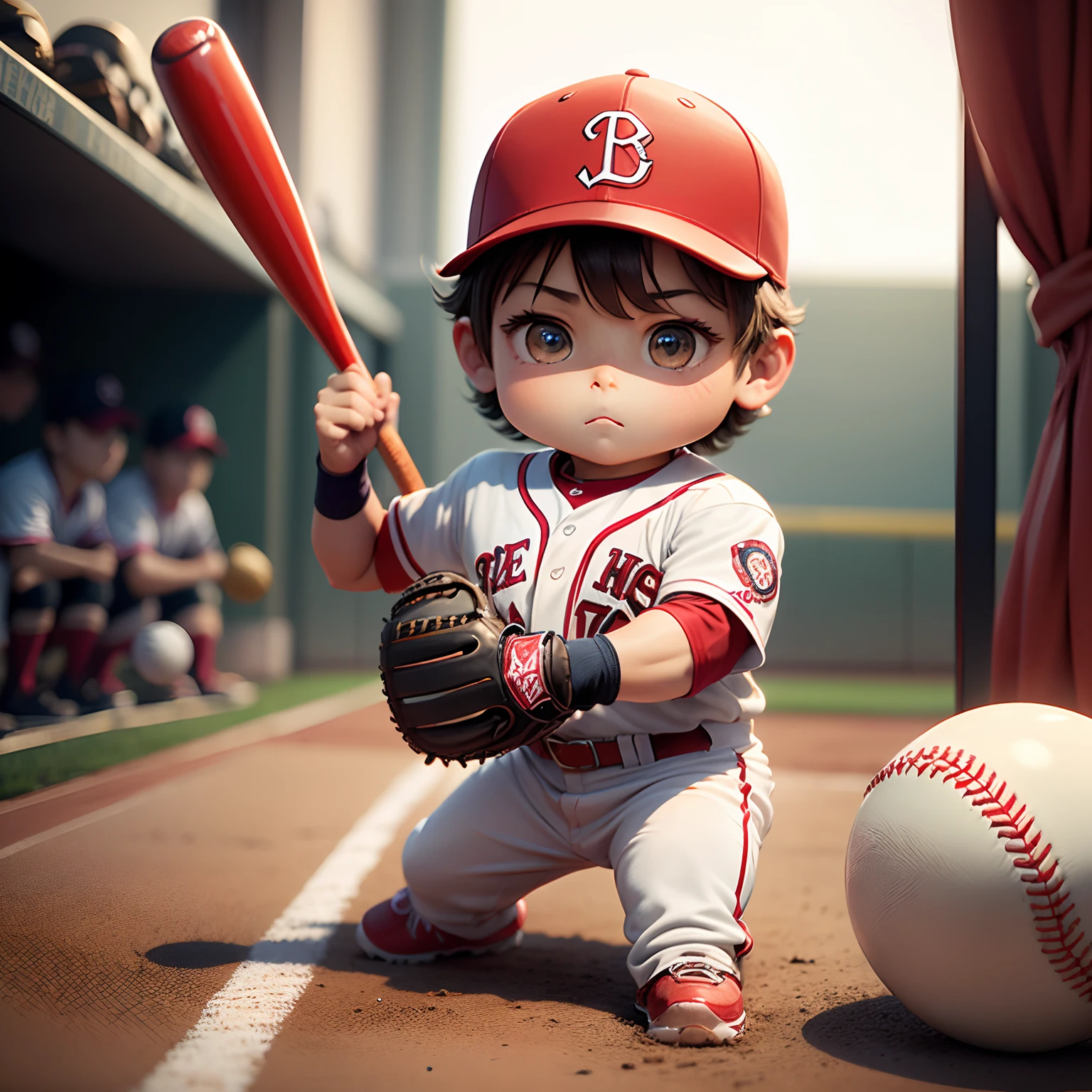 ​masterpiece、top-quality、ultra-detailliert、(Chibi Baseball Player Boy:1.2)、(Red Baseball Uniform:1.2)、Baseball gloves、Baseball bat、The background is Koshien Stadium、(17 Numbers:1.2)、Rooting curtains、