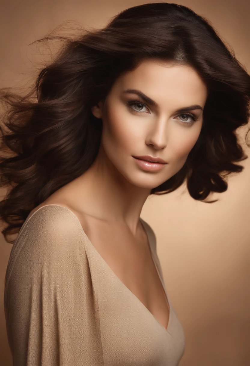 Loose wavy hair　dark brown  hair　Beautiful woman　Simple brown or beige background