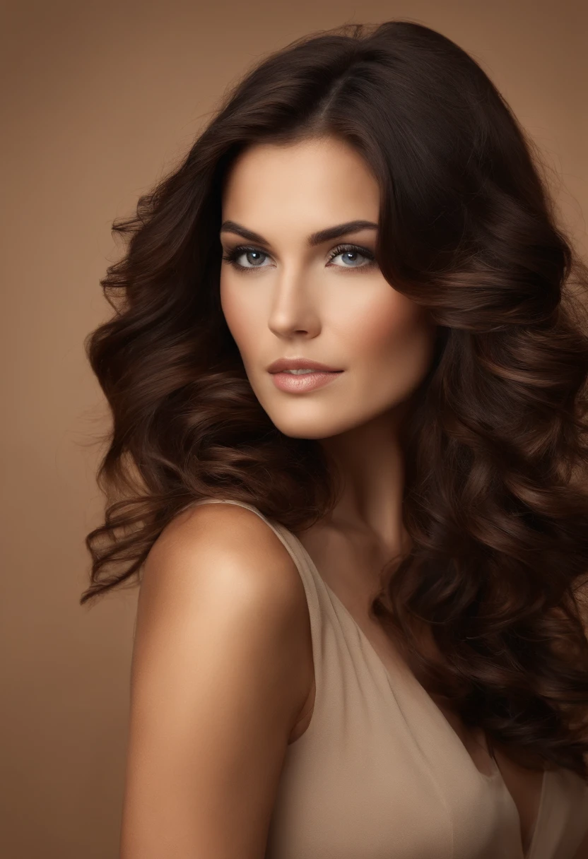 Loose wavy hair dark brown hair Beautiful woman Simple brown or beige background
