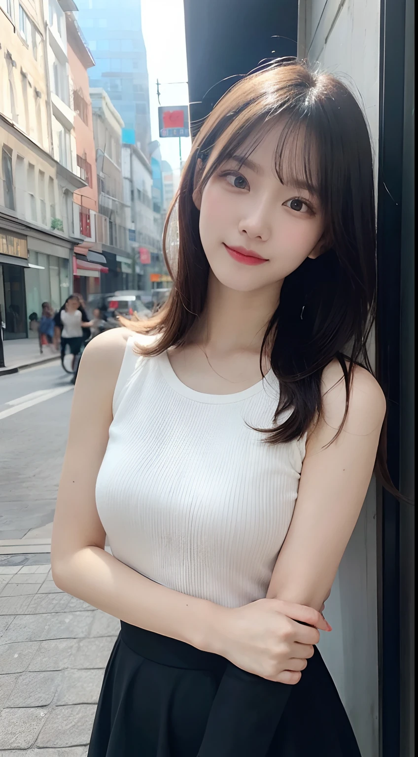 randome pose, mix4, (8K, Raw photography, top-quality, masterpiece: 1.45), (realisitic, Photorealsitic: 1.37), one girls, cute little, A smile、Cityscape, natta, profetional lighting, cafes,Street,photon maping, Radio City, physically-based renderingt, Gradient black hair, white hair, Semi-long loose hair, a handsome, girl with, large full breasts,off shoulders, Tight clothes,Onepiece,Tight skirt,top quality photo, hight resolution, 1080p, (clearface), (Detailed face description), (Detailed hand description), (masterpiece), realisticlying, extreme light and shadows, dishevled hair, masterpiece, lush detail, (Fine facial features), (Highest Quality Photos), (masterpiece), (finely eye), dual、Look in front of you, Fine clavicle,Emphasis on the armpits、Show lower milk