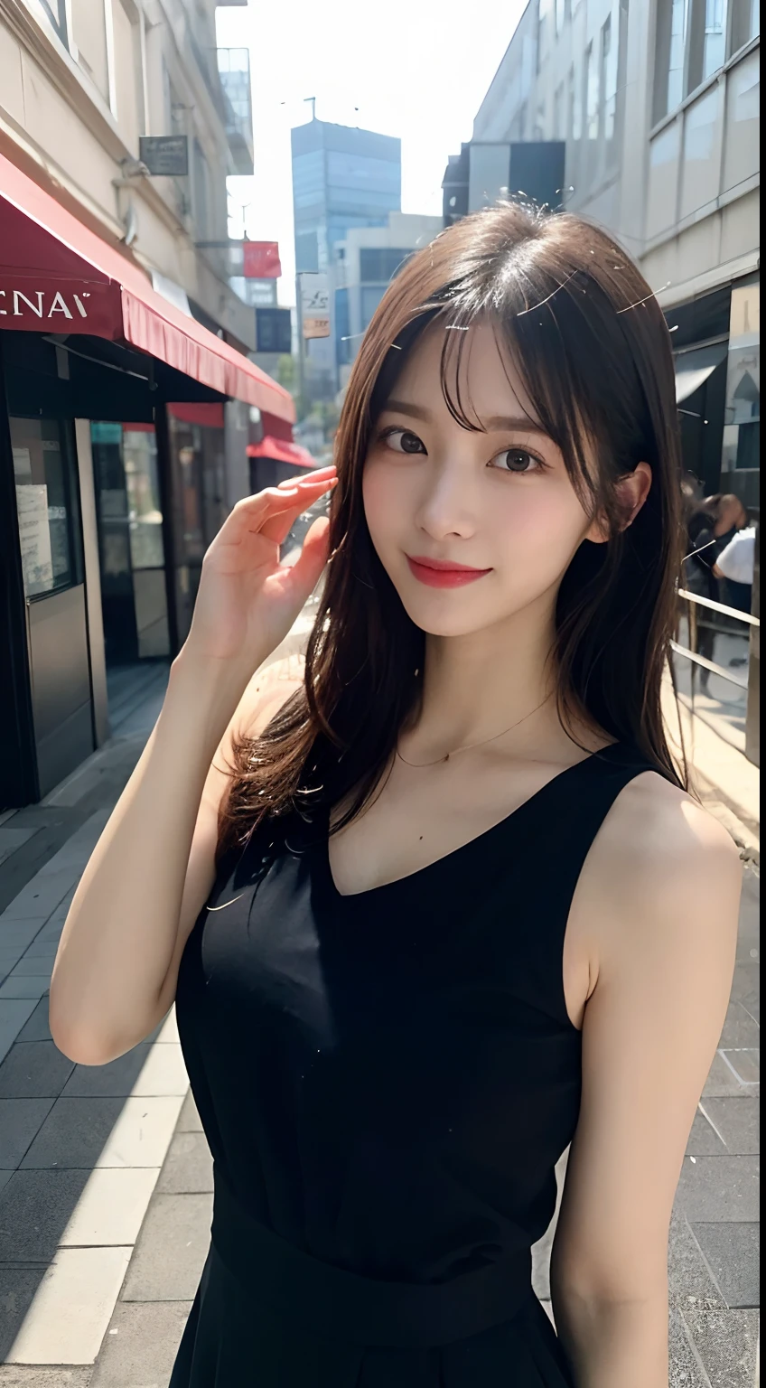randome pose, mix4, (8K, Raw photography, top-quality, masterpiece: 1.45), (realisitic, Photorealsitic: 1.37), one girls, cute little, A smile、Cityscape, natta, profetional lighting, cafes,Street,photon maping, Radio City, physically-based renderingt, Gradient black hair, white hair, Semi-long loose hair, a handsome, girl with, large full breasts,off shoulders, Tight clothes,Onepiece,Tight skirt,top quality photo, hight resolution, 1080p, (clearface), (Detailed face description), (Detailed hand description), (masterpiece), realisticlying, extreme light and shadows, dishevled hair, masterpiece, lush detail, (Fine facial features), (Highest Quality Photos), (masterpiece), (finely eye), dual、Look in front of you, Fine clavicle,Emphasis on the armpits、Show lower milk