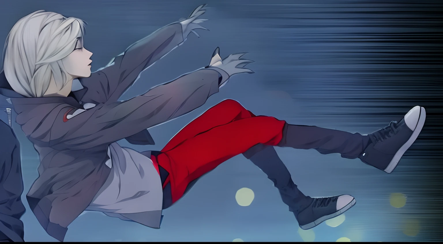 Imagen de anime de una mujer cayendo de una cornisa mientras otro hombre mira, Fotograma del anime, Screenshot of anime movie, Persona 5 Estilo Phantom Thief, Chica de anime caminando sobre el agua, rotoscoped, illustration!, in the anime film ergo proxy, En la serie de anime Ergo Proxy, Al estilo de Akira, Persona 5 Art Style Wlop
