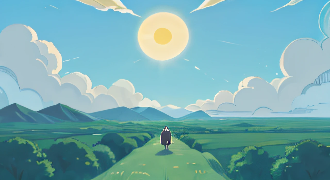 A sky with minimal clouds and sun , Ghibli style