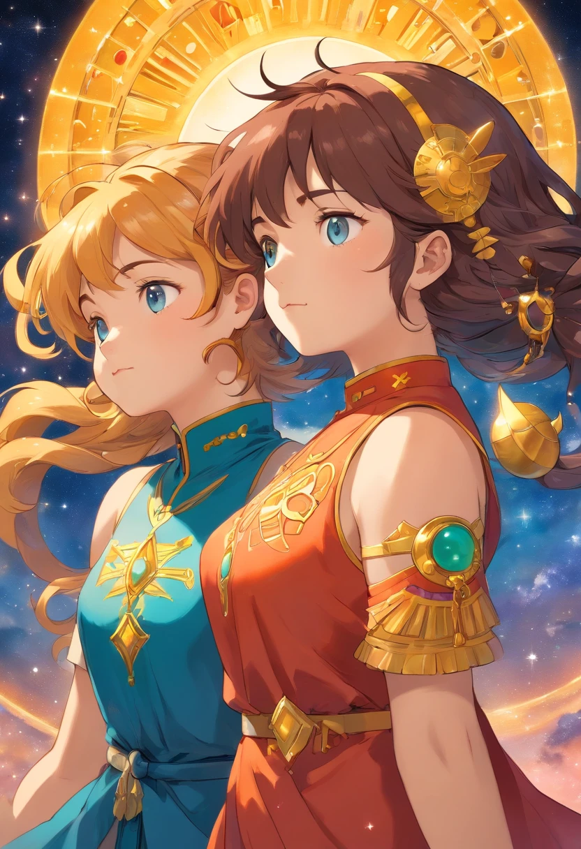 a couple Gemini Divine Spirit, gemeos, representing the zodiac sign of Gemini. cores vibrantes, olhos e labios detalhados, mystic atmosphere, fundo celeste, Artistic illustration, alta qualidade (8K resolution:1.2) realism rendering, soft lighting