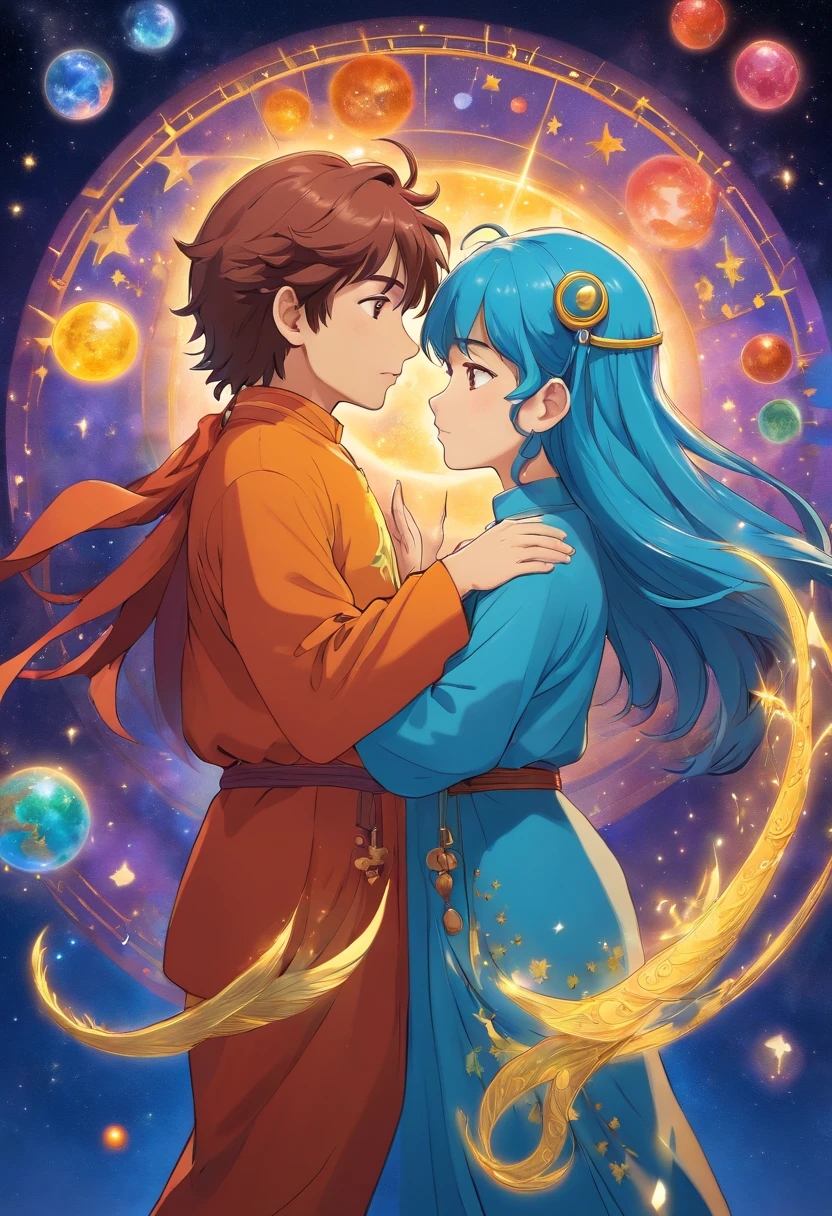 a couple Gemini Divine Spirit, gemeos, representing the zodiac sign of Gemini. cores vibrantes, olhos e labios detalhados, mystic atmosphere, fundo celeste, Artistic illustration, alta qualidade (8K resolution:1.2) realism rendering, soft lighting