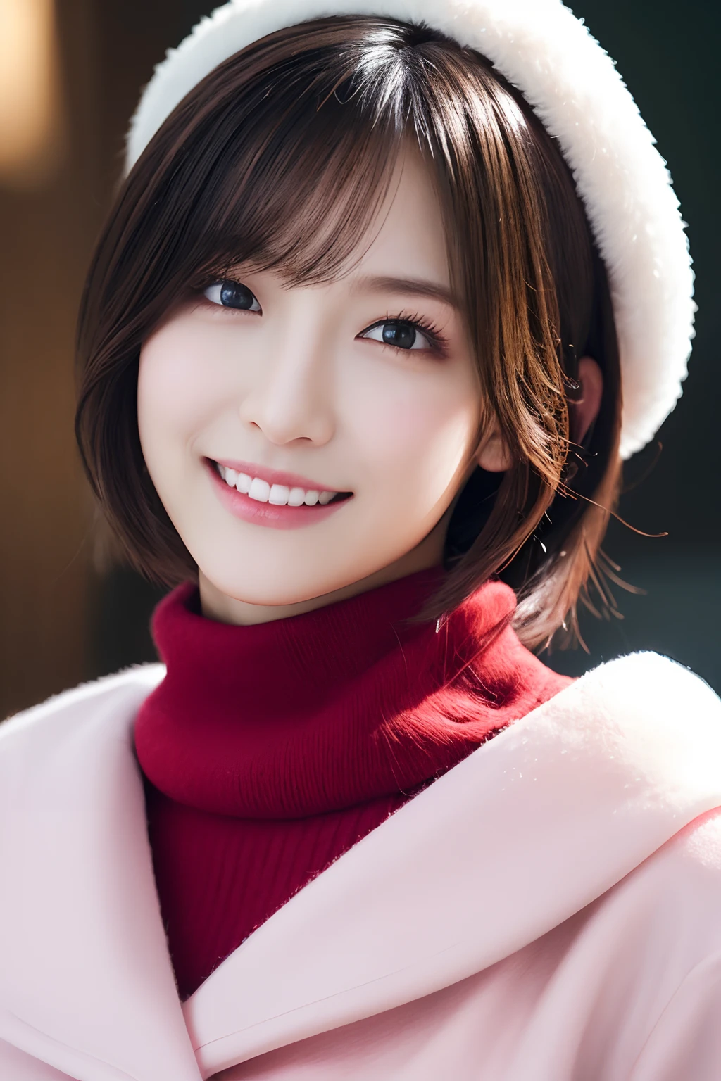 1girl in, (Red Turtleneck, Wearing a pink coat:1.2), (Raw photo, Best Quality), (Realistic, Photorealsitic:1.4), masutepiece, Extremely delicate and beautiful, Extremely detailed, 2k wallpaper, amazing, finely detail, the Extremely Detailed CG Unity 8K Wallpapers, Ultra-detailed, hight resolution, Soft light, Beautiful detailed girl, extremely detailed eye and face, beautiful detailed nose, Beautiful detailed eyes, Short hair,
Cinematic lighting, Winter scene, Perfect Anatomy, Slender body, Smiling