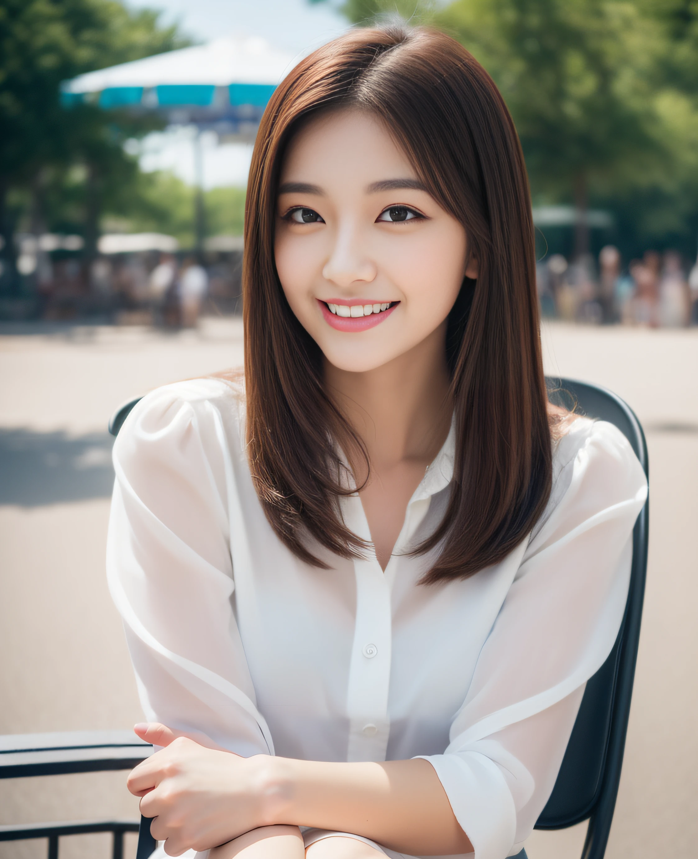 ((Top quality, 8K, Masterpiece: 1.3)), Beautiful girl, Pure, Melon face, Kind and cute, Sweet smile, Pure desire, Slender body, (Facing the camera), (Tilts head), Colorful casual suit, medium hair, long flowing shoulders, big round black eyes, big clear eyes, moist red lips, sweet, (((full body shot))), sitting on a chair on the terrace, amusement park background,