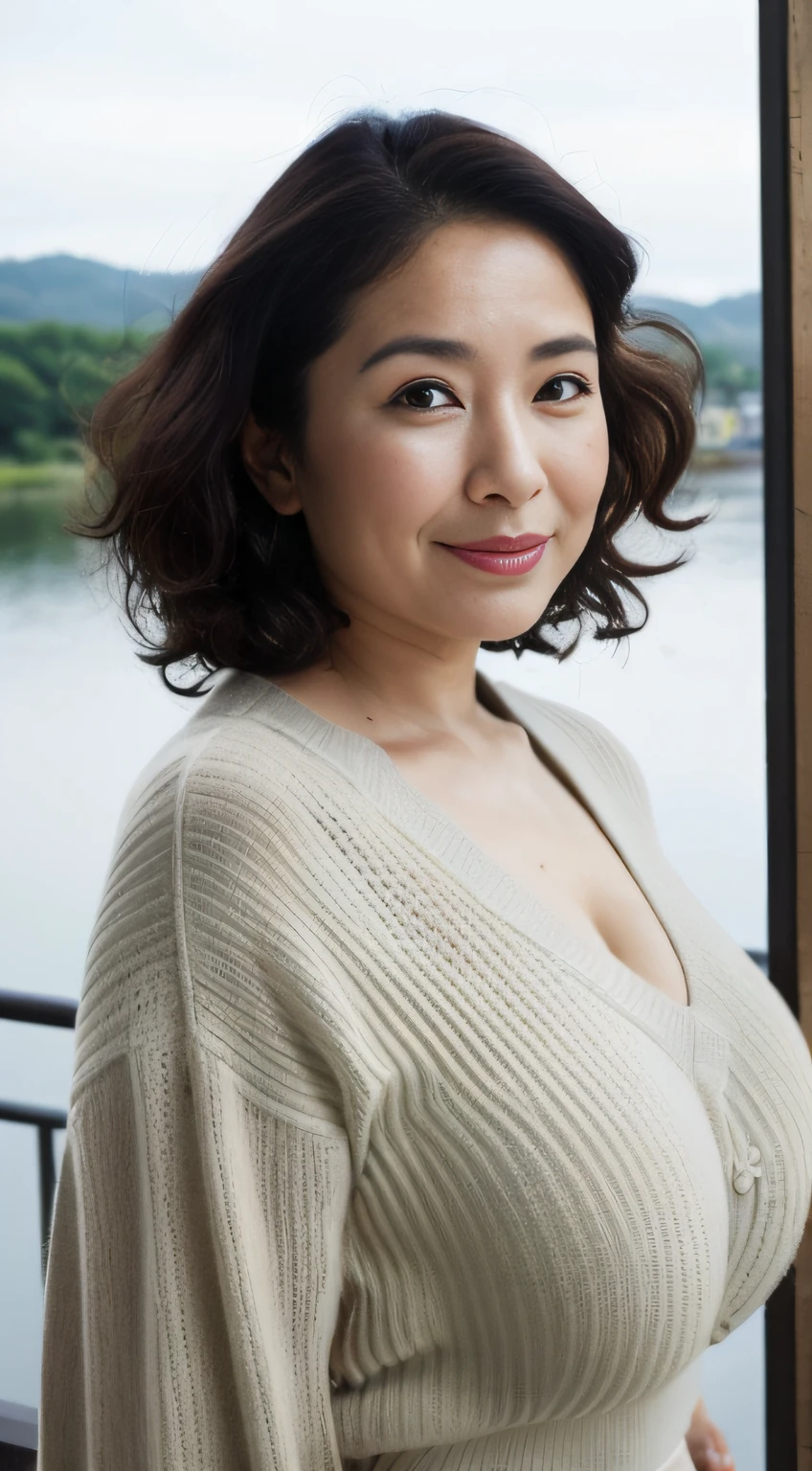 ((Best quality, 8K, Masterpiece, Portrait: 1.3)), (View viewers), Photorealism, Sharp focus, Solo, The Moro Islamic Liberation Front of Japan, Beauty,Wavy hair, Wrinkles at the corners of the eyes, to emphasize, ((Big breasts:1.3))),，30 years old, curlies, Wrinkled eyes, (Sweaters, standing on your feet:1.2),（（looking at viewert））