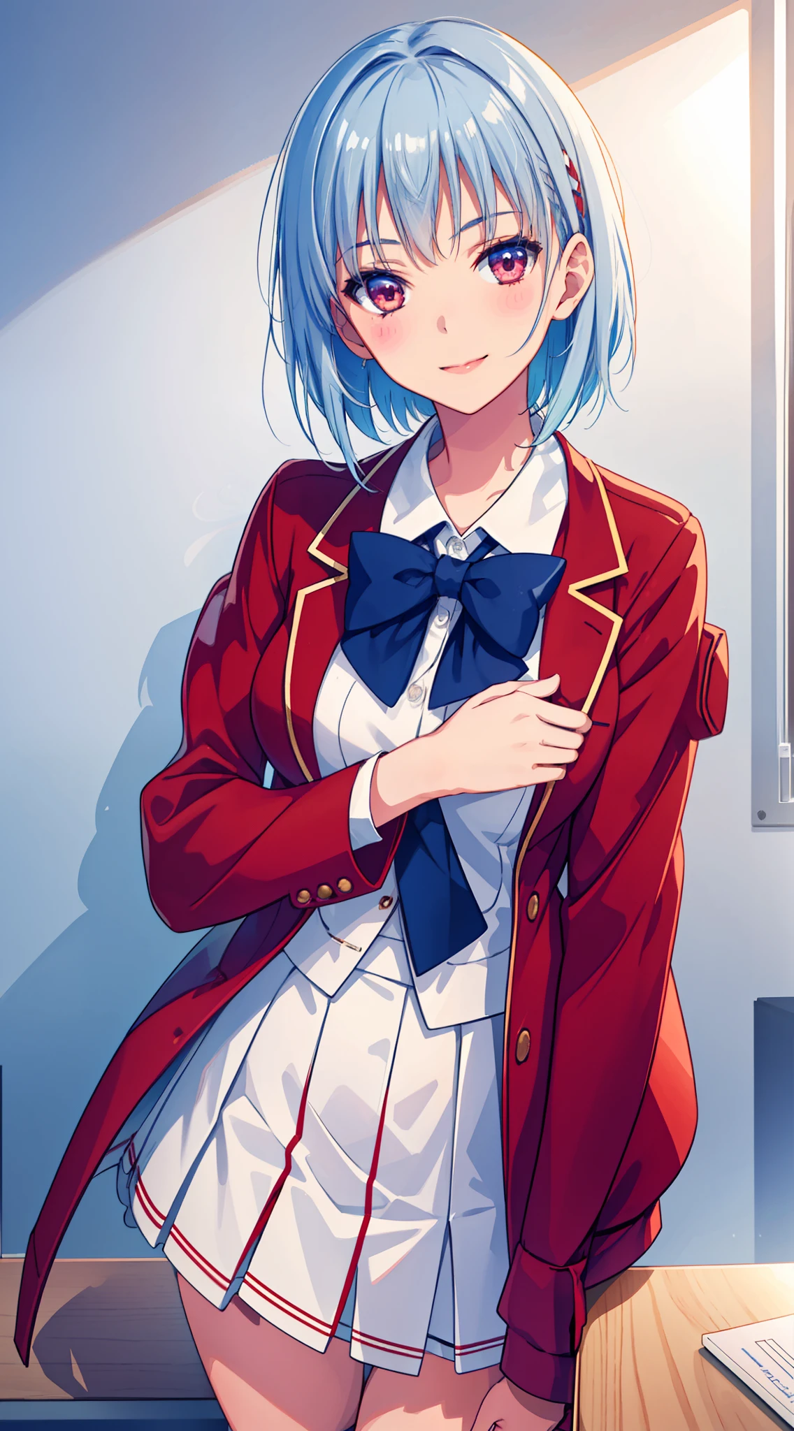 1 girl, short hair, light blue hair, Red school uniform, White skirt, Red Jacket, blush, smiling, happy, classroom of the elite
masterpeace, best quality, (extremely detailed CG:1.4), highly detailed faces, glowing, sidelighting, wallpaper