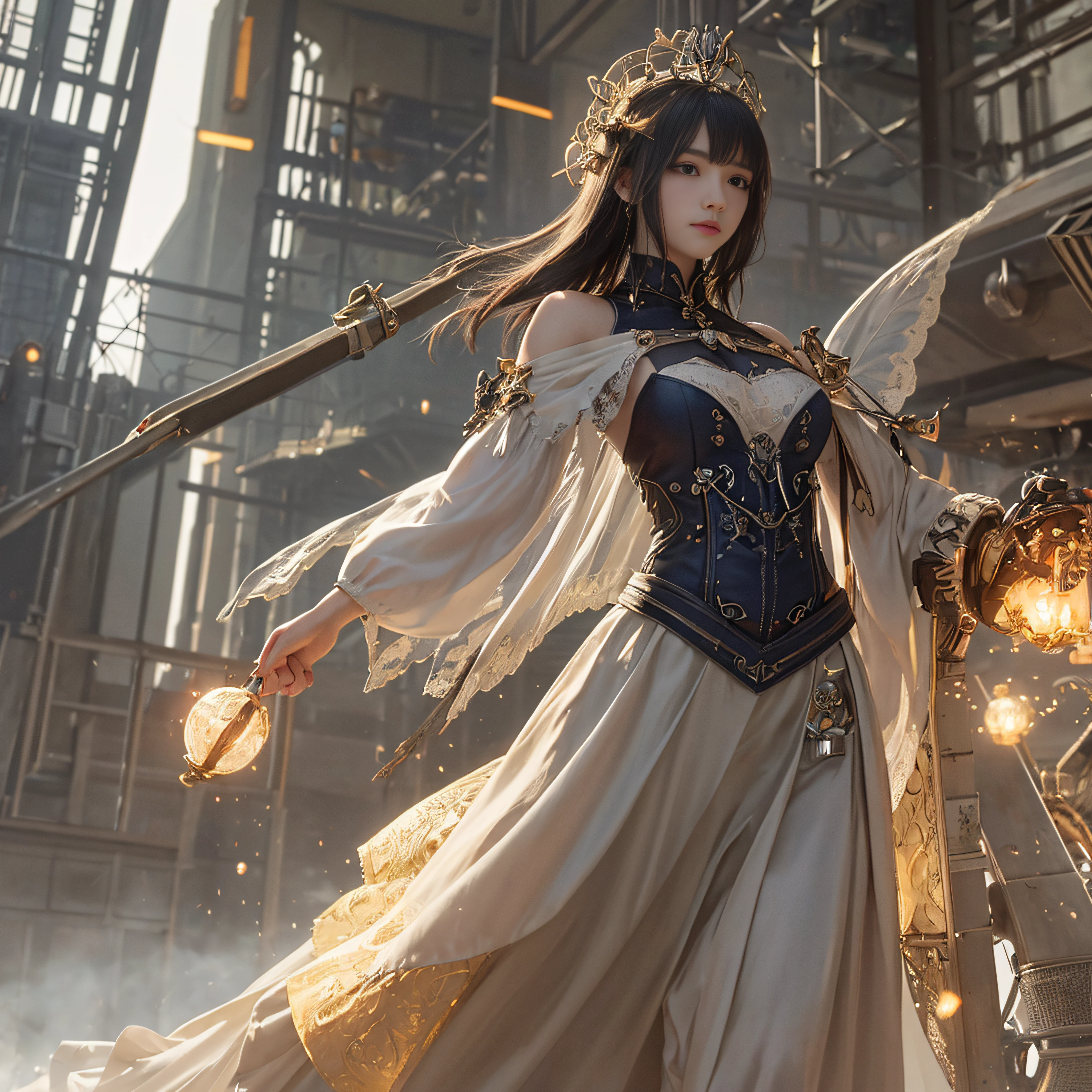 ((best qualtiy)), ((tmasterpiece)), (detaileds:1.4), 。.。.。.。.。.。.。.。.。.。.。.。.。.。.。.。.3D, Dynamic Action Poses for Battle Scenes, Wing with jet engine, girl with, Mechanical body, Countless large glowing spheres rotate, Lots of spark crossings and splashes, Mechanical body, Off-the-shoulder fashion that fuses detail and intricate steampunk with detail gothic lolita, Poses that evoke magic, Large ball of light spinning and flying,Countless neon signs fall from the sky,very thin long legs,Mechanical boots above the knee,Alternating orange and blue backgrounds,Complex steampunk headdress on alternating background of ice and fire,Fluttering lace flared mini skirt,beautiful small breasts directed upwards,rather long silver hair,long vertical curls,Wind power generation,Burning futuristic complex steampunk factory background,cinmatic lighting,nffsw(HighDynamicRange), Ray traching, NVIDIA RTX, Hyper-Resolution, Unreal 5, Sub-surface scattering, PBR Textures, post processed, Anisotropy Filtering, depth of fields, Maximum clarity and sharpness, multi-layer texture, Albedo e mapas Speculares, Surface Coloring, Accurately simulate light-material interactions, perfectly proportions, rendering by octane, two tone lighting, Large aperture, Low ISO, White Balance, trichotomy, 16K RAW,(tmasterpiece,side slits,Fine beautiful eyes:1.2),paleskin,Glowing skin,Surrounded by light,Colossal tits