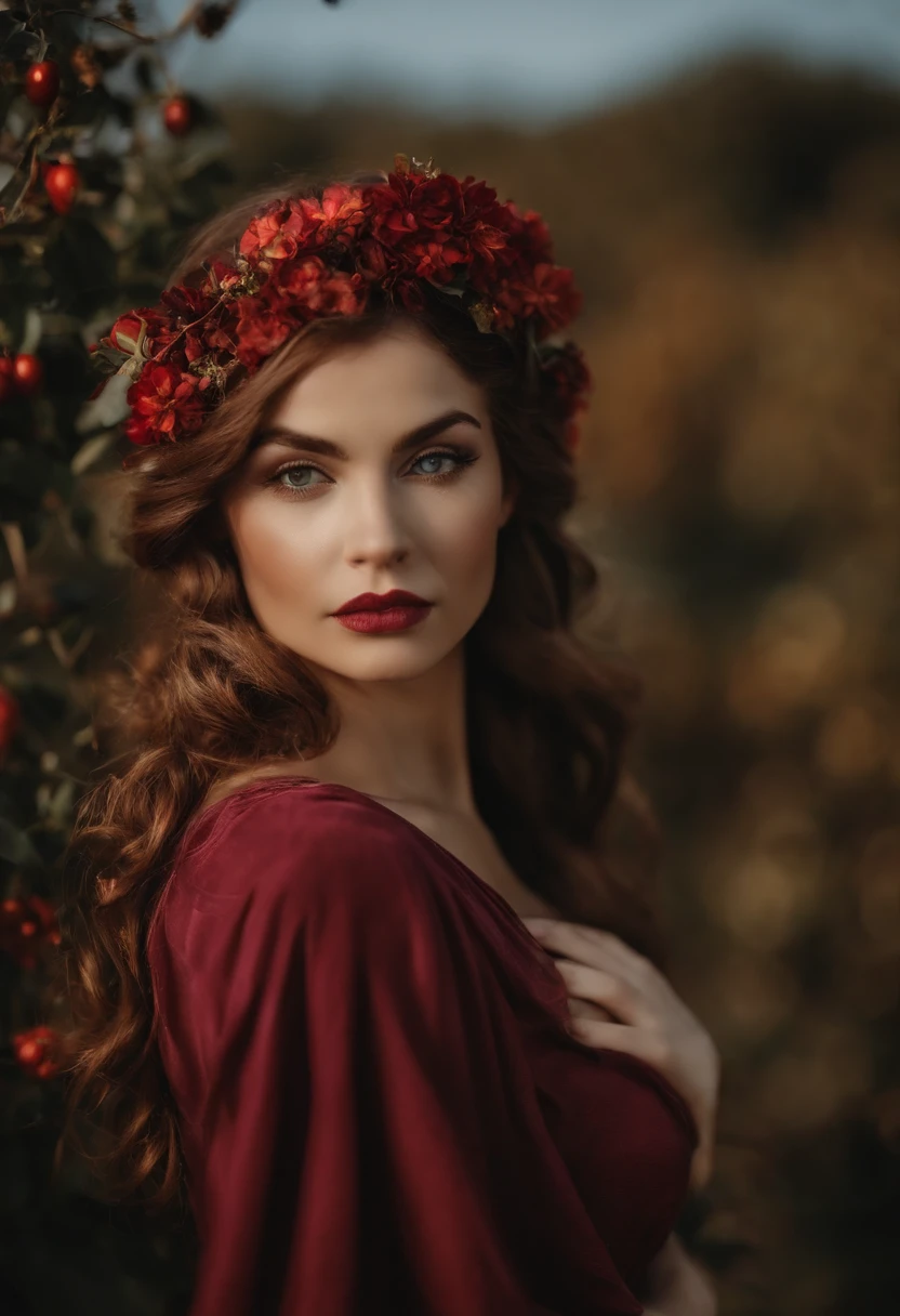 Cabelos claros,  de olhos azuis em um jardim violeta com um encontro de dois rios um vermelho e um azul, ao se lado um rapaz de cabelos longos pretos barba mal feita e olhos avermelhados