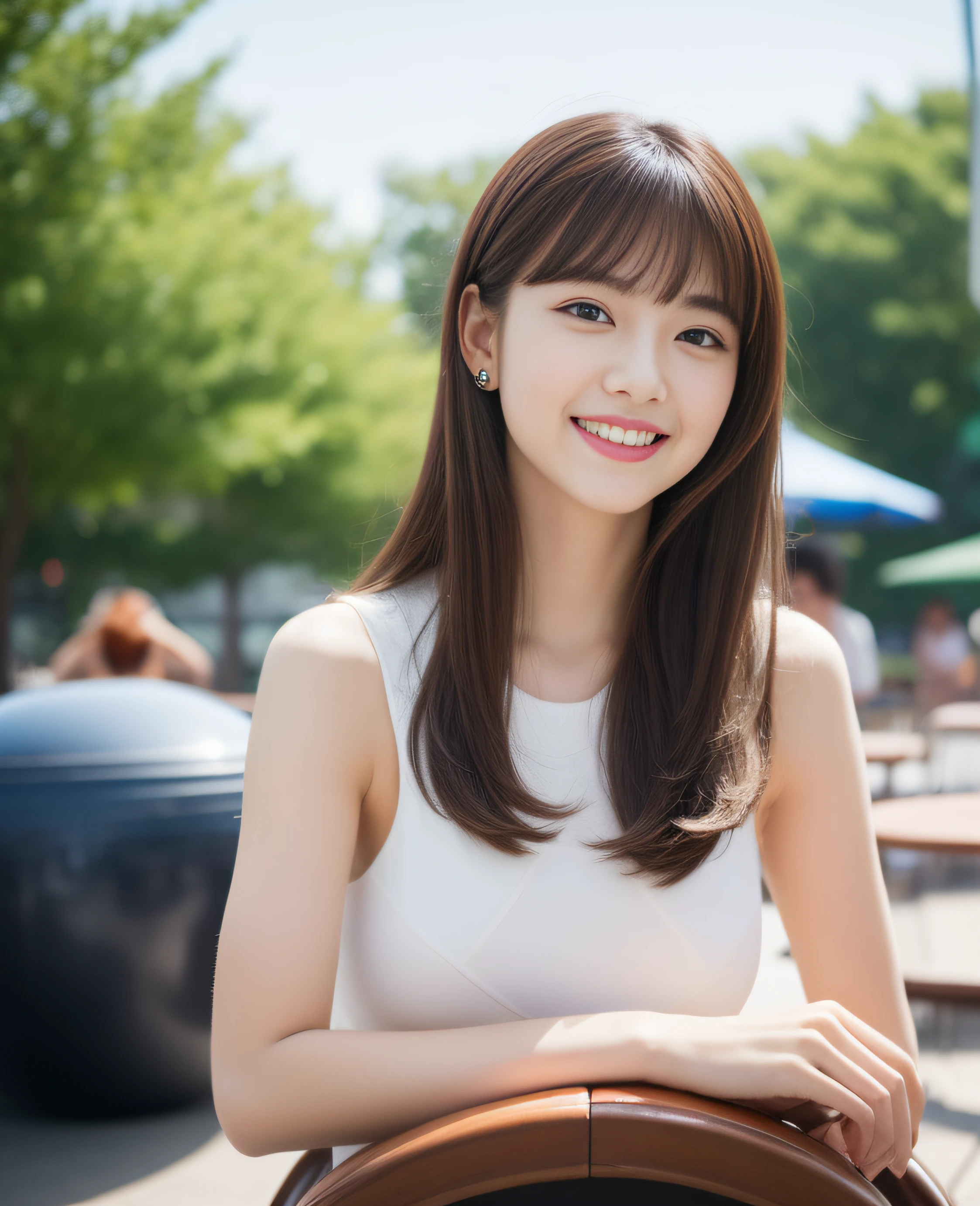 ((Top quality, 8K, Masterpiece: 1.3)), Beautiful girl, Pure, Melon face, Kind and cute, Sweet smile, Pure desire, Slender body, (Facing the camera), (Tilts head), Colorful casual suit, medium hair, long flowing shoulders, big round black eyes, big clear eyes, moist red lips, sweet, (((full body shot))), sitting on a chair on the terrace, amusement park background,