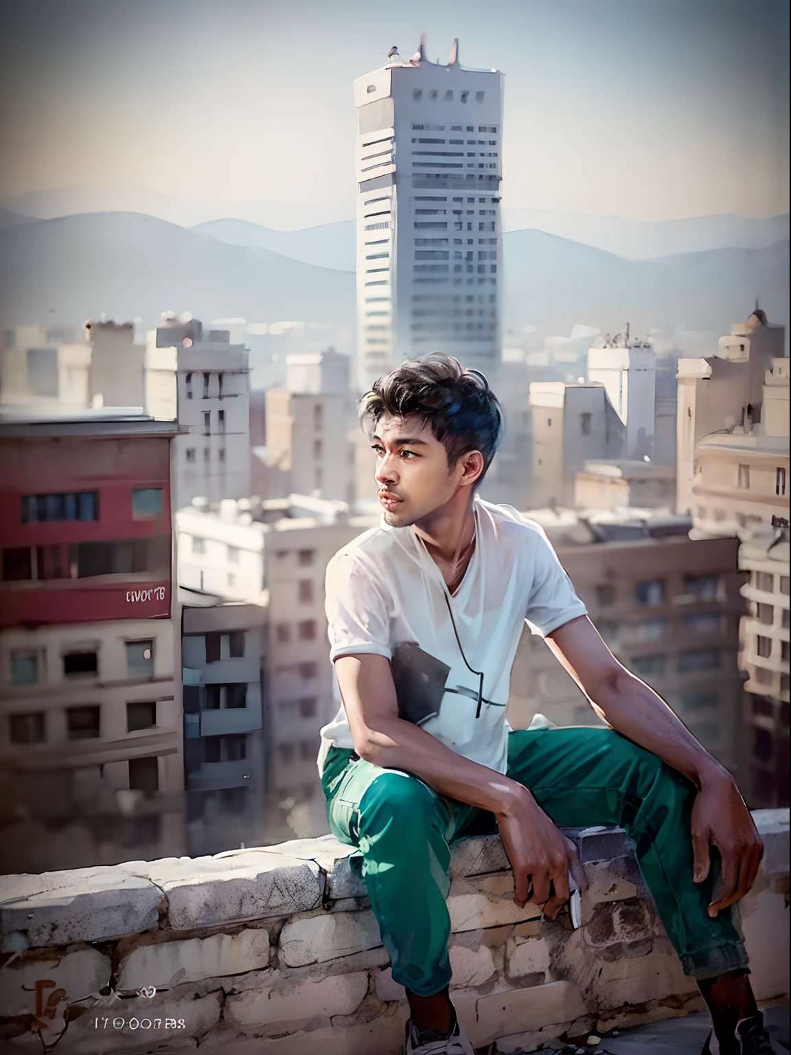 there is a man sitting on a wall with a skateboard, taken with sony alpha 9, taken with canon 8 0 d, very very low quality picture, with lovely look, candid picture, very artistic pose, stylish pose, in a vast serene landscape, in a scenic background, casual photography, profile pose, distant full body view, with village, shot on nikon z9