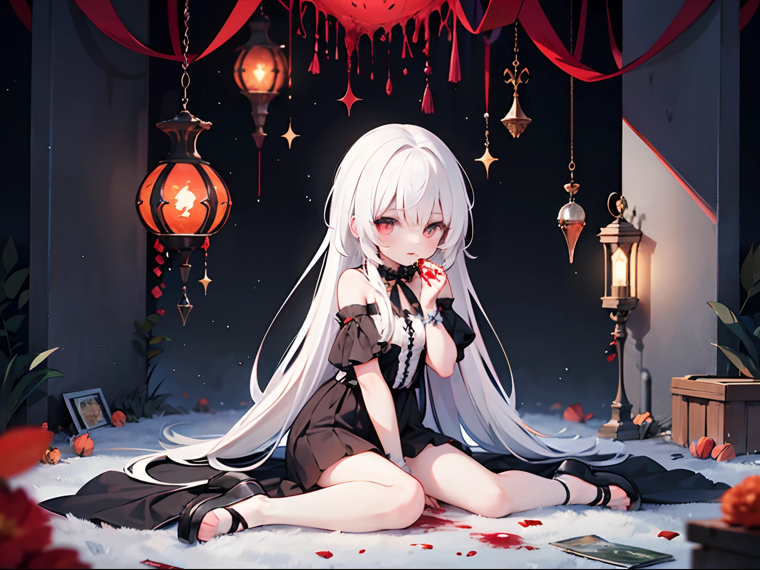 a beauty girl,Gothic,Trash fish trash fish,White color hair,,red color eyes,Sitting in front of the dark castle sneered,Thirsty for blood