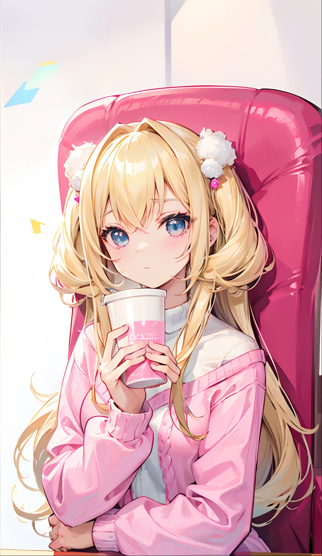 Barbie-like blonde hair,Fluffy pink sweater,Super cute cute girl