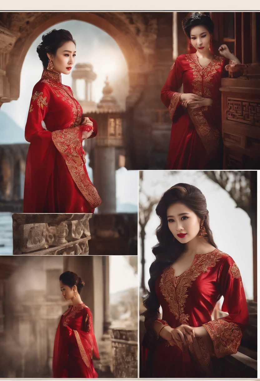 (RAW photos,4K,tmasterpiece,offcial art,统一 8k 壁纸,A high resolution,realisticlying,extremly intricate)Artistically refined,attractive beautiful,immersiveatmosphere,Moody light,enchanting glow,Glowing lights,Amazing aesthetics,dramatic contrast,dynamic angle,Official fine art,Aesthetic and aesthetic,extremely detailed background,Fantasy art,BEST lighting,Dinamic Light,Best shadow,depth of fields,romanticism lain,Fantastic atmosphere,calm color palette,Tranquility,Soft shadows,Traditional principles,Epic composition,(Enchanting aura: 1.1) (Cowboy shot)(Close up)(From the side Side:1.3)(a chinese wedding)(耳Nipple Ring)(Gorgeous jewelry) (rim lit:1.3), (Dimly lit:1.3), (Dark night:1.3), High contrast, Deep shadows, 1girll,Wearing a red and gold dress,Phoenix crown,Solo,Photo of style glass,(Bigchest,a narrow waist,Cocked buttocks:1.2),(Bright red lips:1.1)(Traditional Chinese red cheongsam:1.2)(wear like a chinese bride),brunette color hair:1.6,Dark eyes:1.5,Correct anatomy,5 fingers,Cinema lenses,