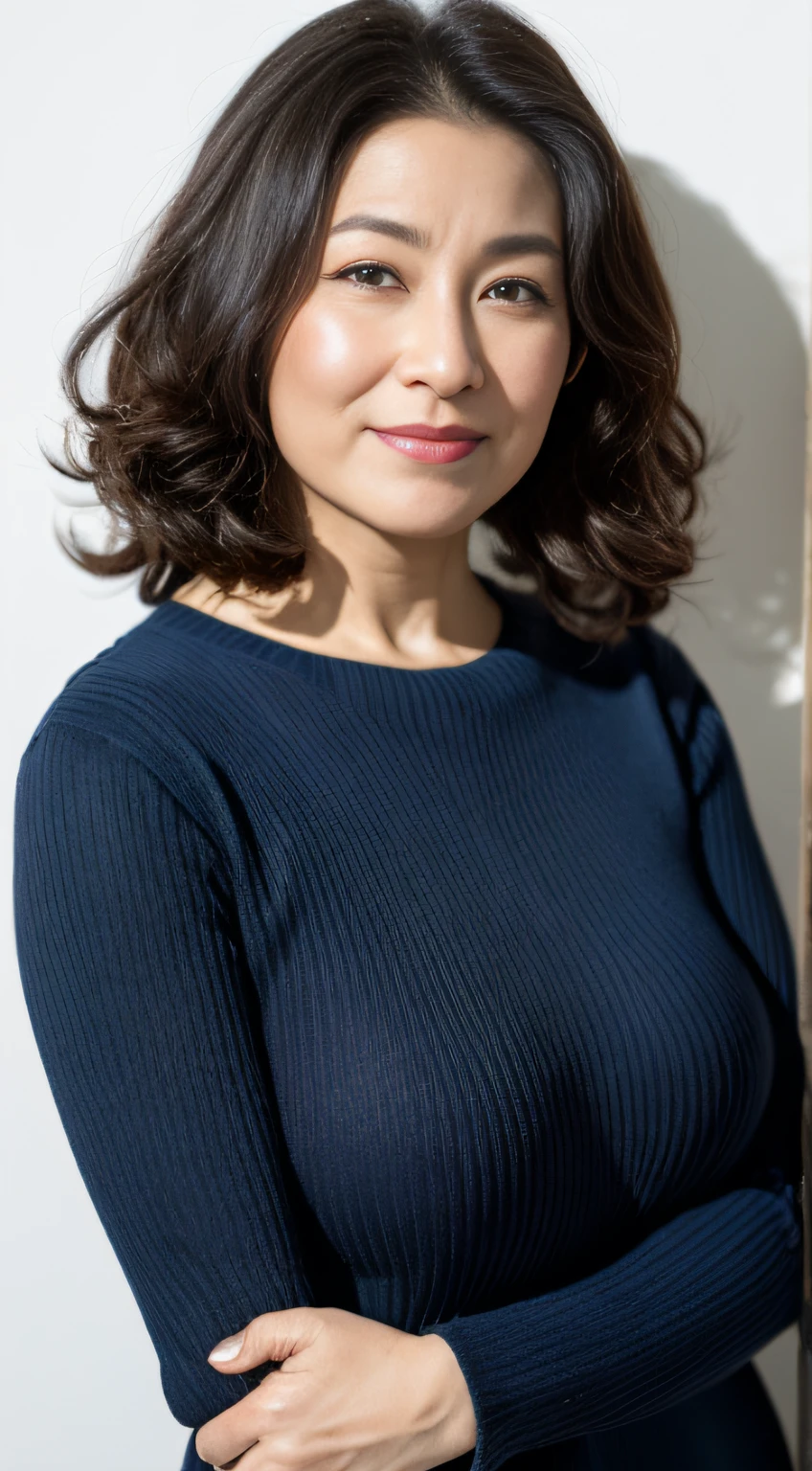 table top, highest quality, Photoreal, finely, High resolution, 8k wallpaper, perfect dynamic composition, beautiful and detailed eyes, medium hair, ample breasts, random sexy pose,random situation、(tight gray knit)、smile、60 years old、(droopy eyes 1.3)、Mature adult beauty、Japanese