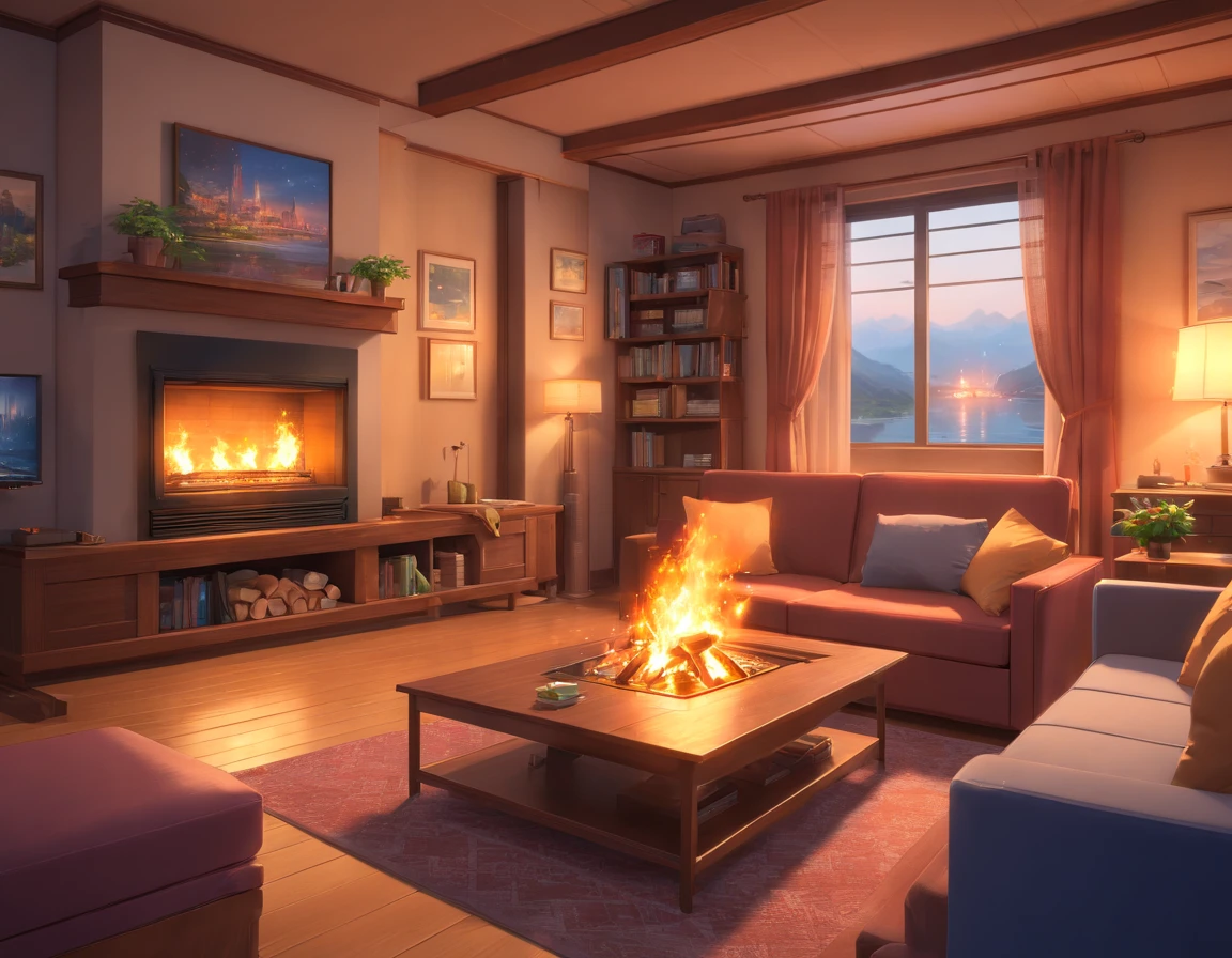 a living room filled with furniture and a fire place, a detailed matte painting by Evgeny Lushpin, cg society contest winner, photorealism, rendered in unreal engine, physically based rendering, daz3d