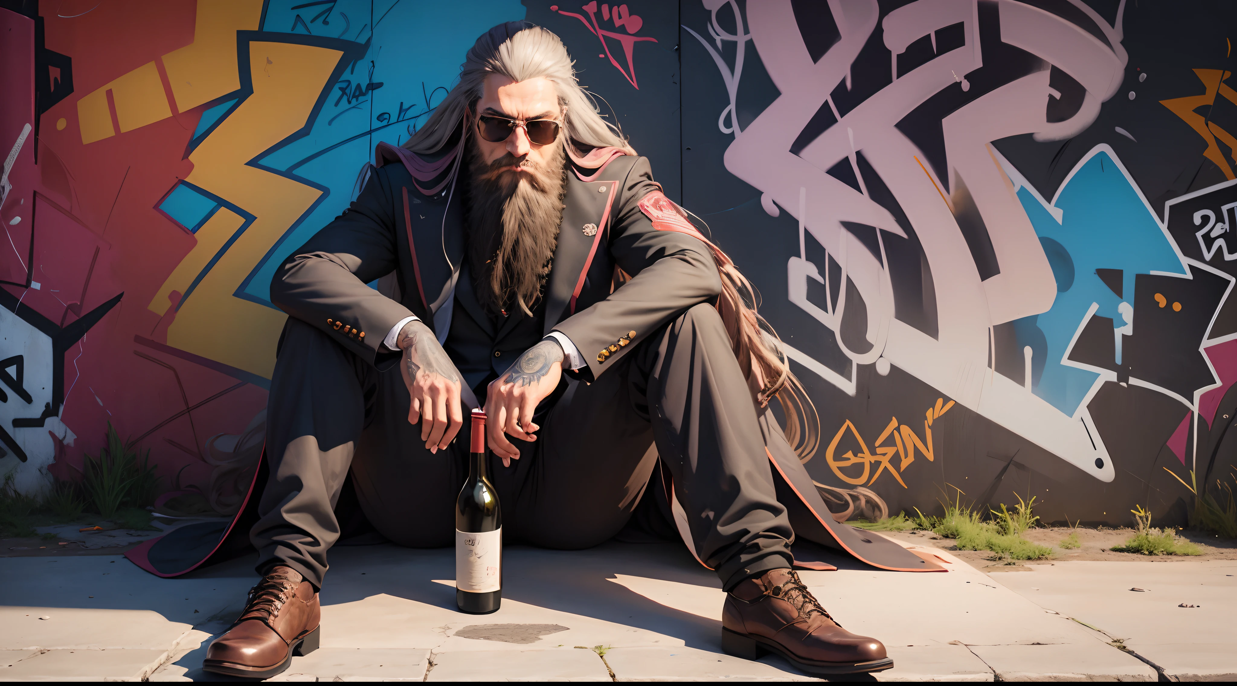 A long beard man, sun glass, wearing suit, dredlock hair, sitting, graffiti wall,a wine bottle, masterpiece, information, hyper detailed, five fingers, detailed hand and leg