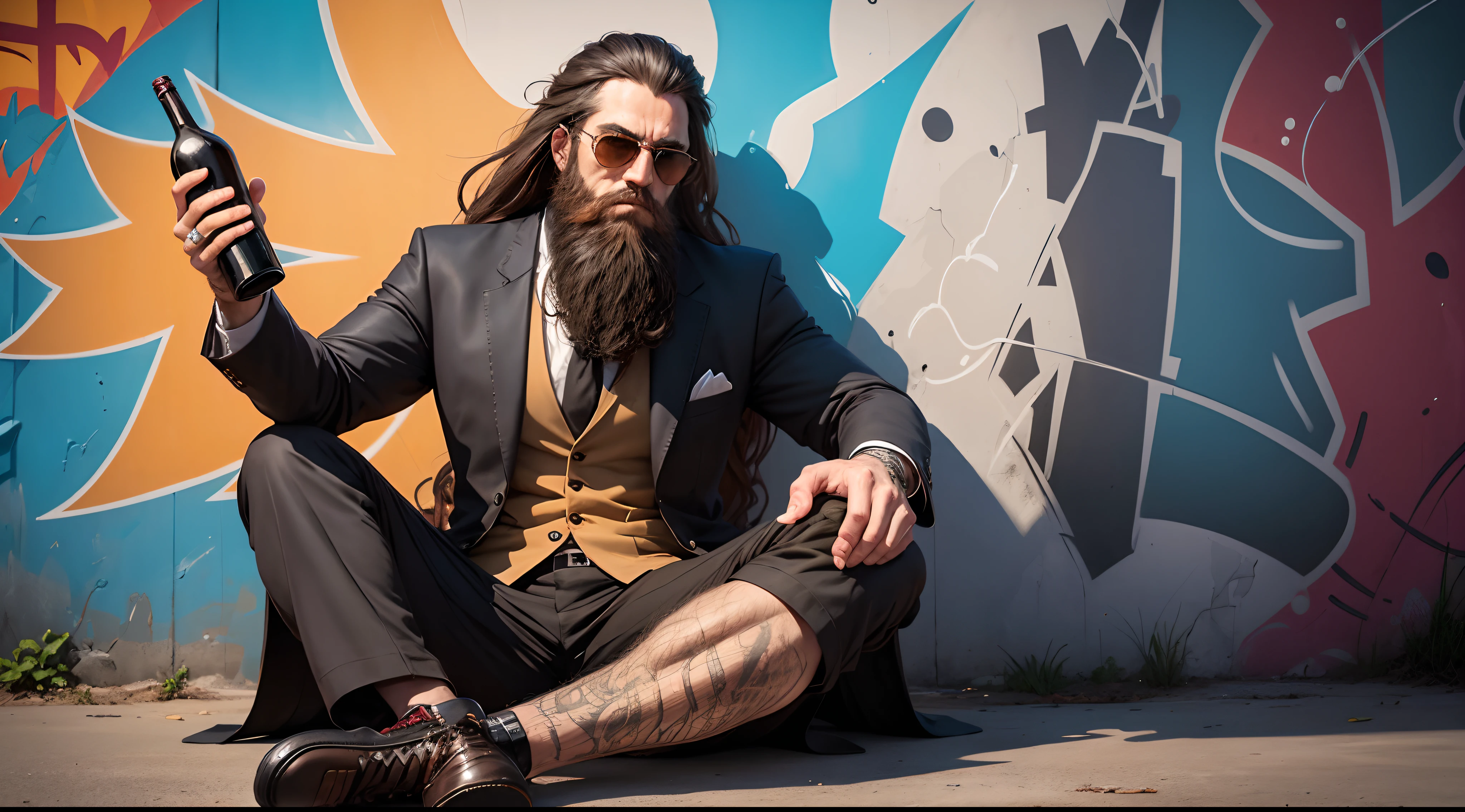 A long beard man, sun glass, wearing suit, dredlock hair, sitting, graffiti wall,a wine bottle, masterpiece, information, hyper detailed, five fingers, detailed hand and leg
