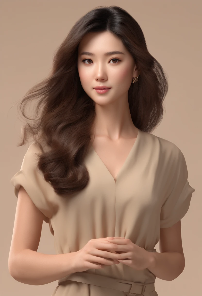 loose wavy hair　dark brown  hair　Beautuful Women　Simple beige background　asian female