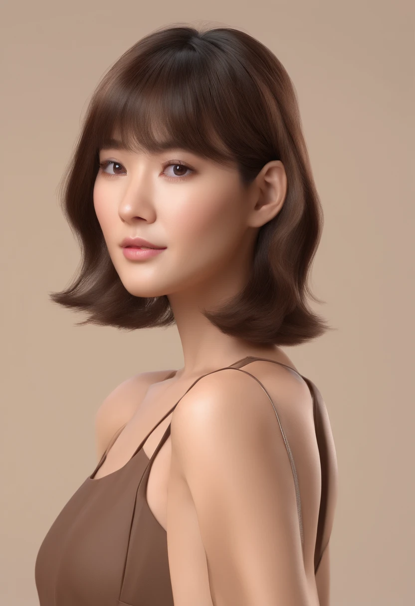 loose wavy hair dark brown hair Beautuful Women Simple beige background asian female