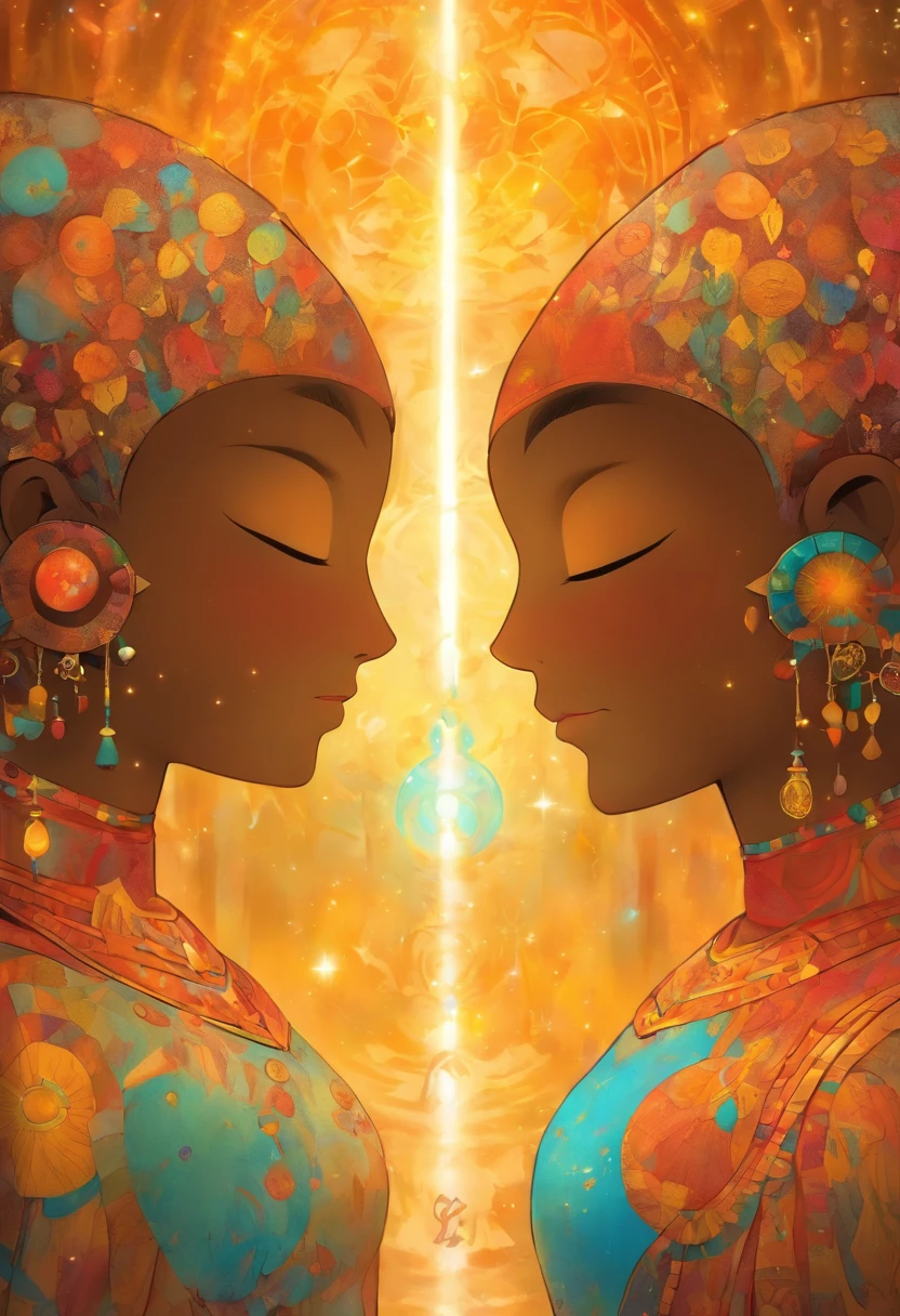 a couple of Gemini Divine Spirit, gemeos, representing the zodiac sign of Gemini. cores vibrantes, olhos e labios detalhados, mystic atmosphere, fundo celeste, Artistic illustration, alta qualidade (8K resolution:1.2) realism rendering, soft lighting