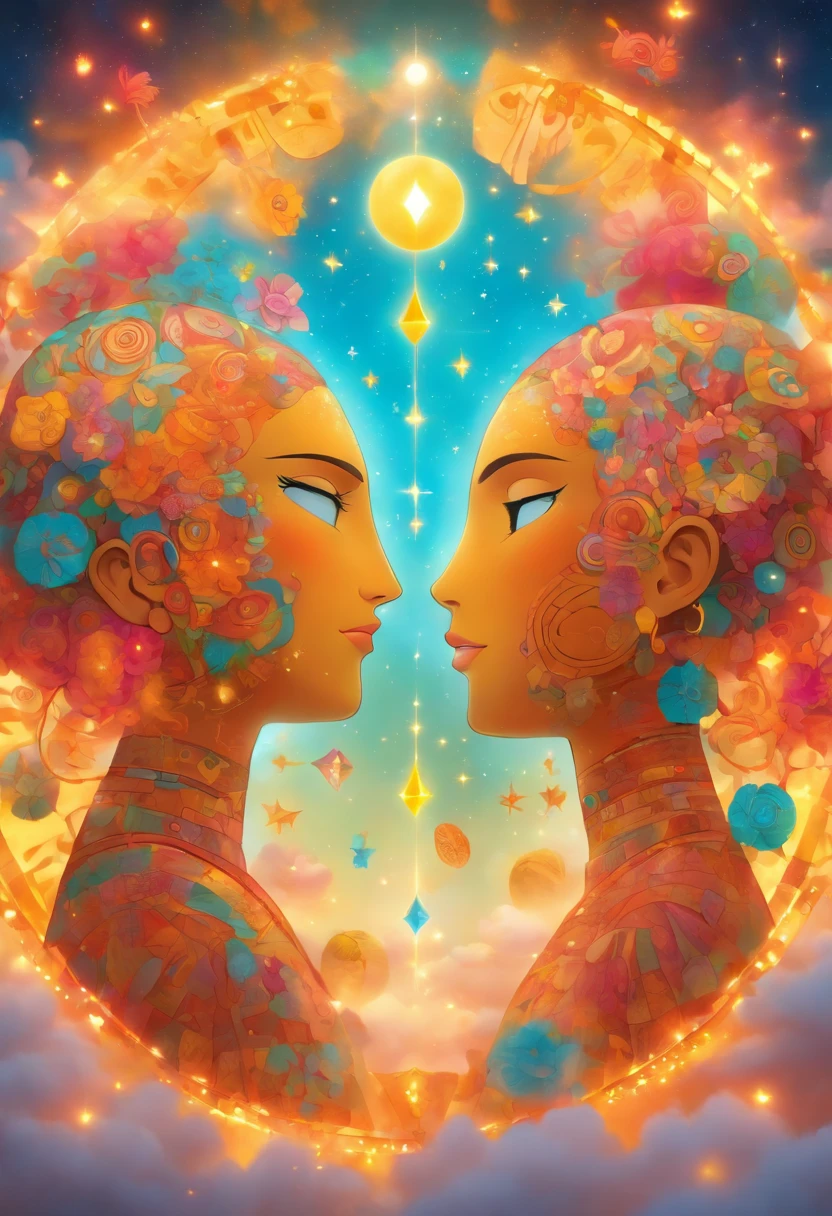 a couple of Gemini Divine Spirit, gemeos, representing the zodiac sign of Gemini. cores vibrantes, olhos e labios detalhados, mystic atmosphere, fundo celeste, Artistic illustration, alta qualidade (8K resolution:1.2) realism rendering, soft lighting