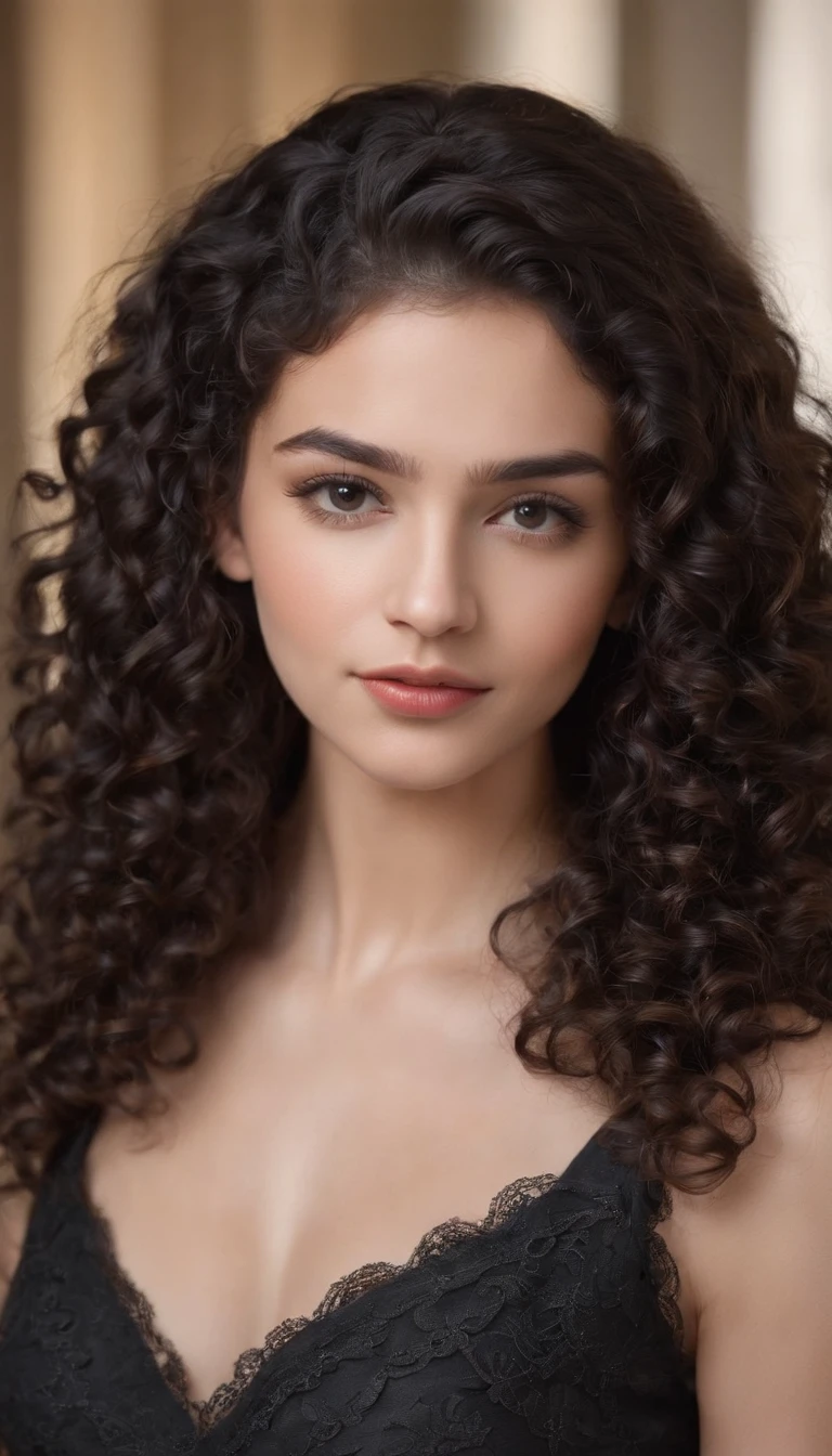 A beautiful and amazing 18 year old iraqi teen,portrait of upper body,Free curls, Black curly hair, (dark shorter curly hair), Wild black long curly hair, multiversal hair, Brazilian, Short black curly hair, Curly black hair, Curls, wavy hair spread out, Baroque curls, curlies, curly, Fair curly hair, Hair texture, curly bang