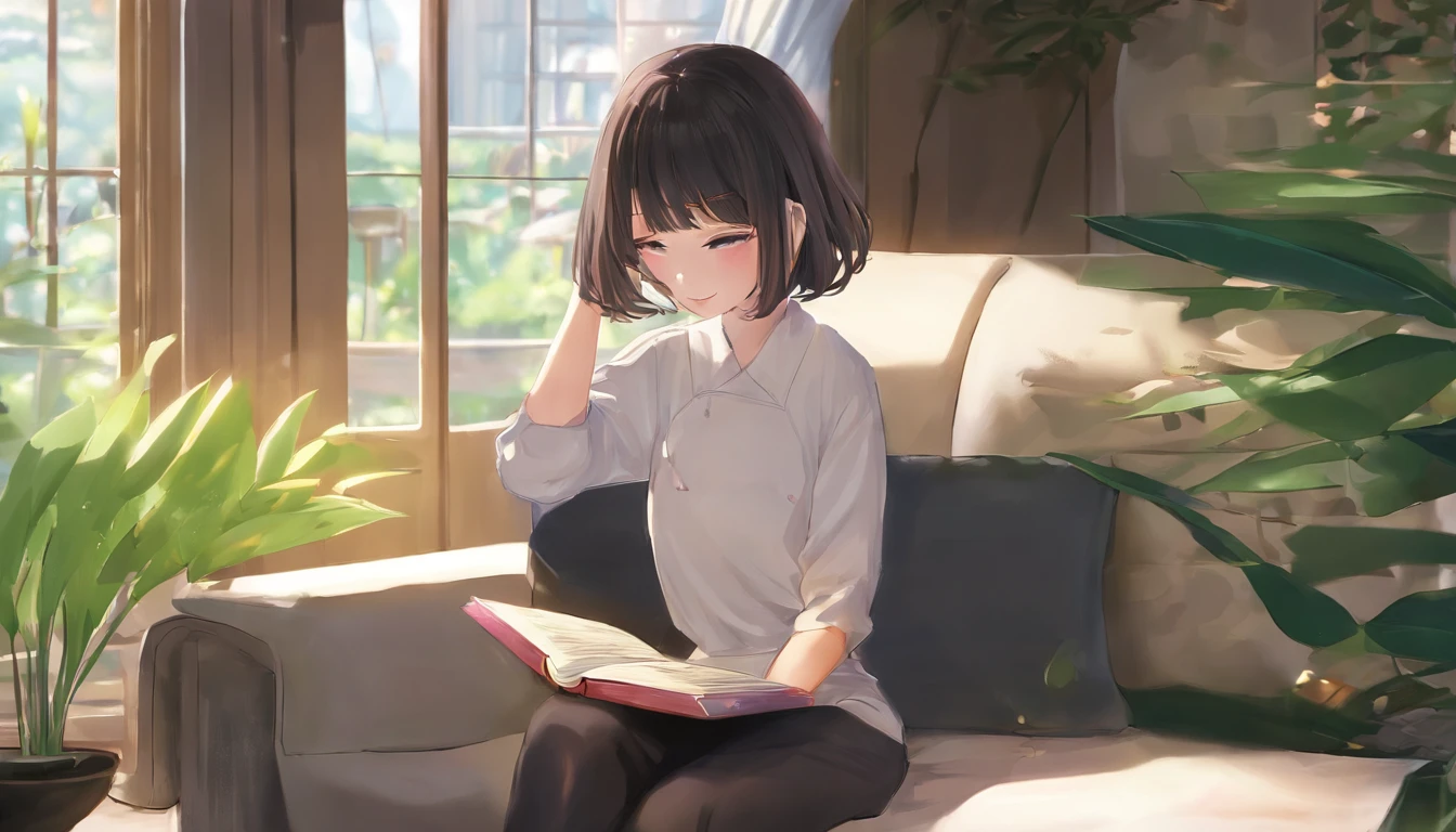 woman sitting on a couch reading a book in a living room, reading a book, relaxing concept art, book portrait, realistic illustration, realistic afternoon lighting, realistic artstyle, reading new book, photorealistic illustration, realistic art style, relaxing on a couch, atey ghailan 8 k, inspired by Atey Ghailan, cozy environment, relaxing on the couch,, masterpiece, best quality, soft lighting, absurdres, 1girl, solo focus, skin imperfection, skindentation, perfect face, puffy face, beautiful face, big eyes, puffy eyes, perfect eyes, eyelashes, Hu Tao (genshin impact) from genshin impact, outdoor, bamboo forest, 8k, UHD, HDR, (Masterpiece:1. 5), (best quality:1. 5)