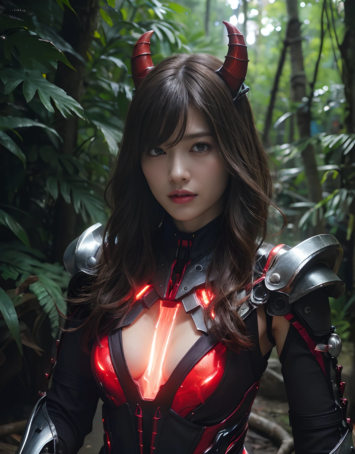 (1 Mechanical Girl)、(Mystical expression)、top-quality、masterpiece、超A high resolution、(Photorealsitic:1.4)、Raw photo、1人、glowy skin、(((1 Mechanical Girl)))、(Red Metal Bodysuit)、(alien background、Fierce battle with Osite、Fierce battle with alien night monster cliff background)、(Small LED)、((super realistic details))、vertical giant monster background),globalillumination、Shadow、octan render、8K、ultrasharp、Colossal tits、Raw skin exposed in the cleavage、red metal、Details of complex ornaments、Japan details、highly intricate detail、Realistic light、(Mystical expression),CG Society Trenlow Eyes、Eyes shining towards the camera、Mechanical marginal blood vessels connected to neon detail tubes)、(Wires and cables connecting to the head)、Small LED、,Mechanical thighs、Toostock、(Hands are also made of machines.traces on the cliff)、机器人、future alien、