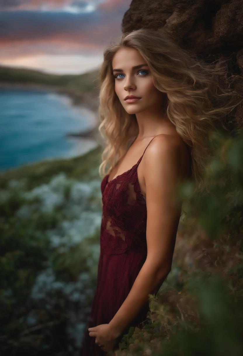 A girl with light hair and blue eyes a rapax. De olhos vermelhos e cabelos longos pretos, no campo de violetas, with a meeting of red and blue waters