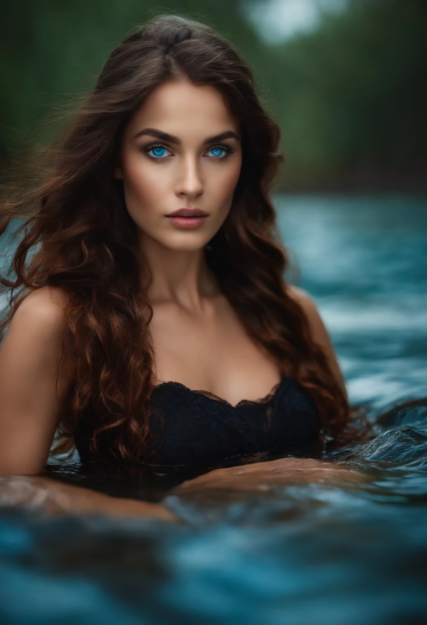 Full body portrait of a charming girl with curly hair, petite figure, medium buxom, wet clothes, sweating, cleavage, water falling on her buxom, very long hair, disheveled hair, beautiful face, exotic makeup, captivating hazel eyes, and big bust size, showcasing her natural beauty.