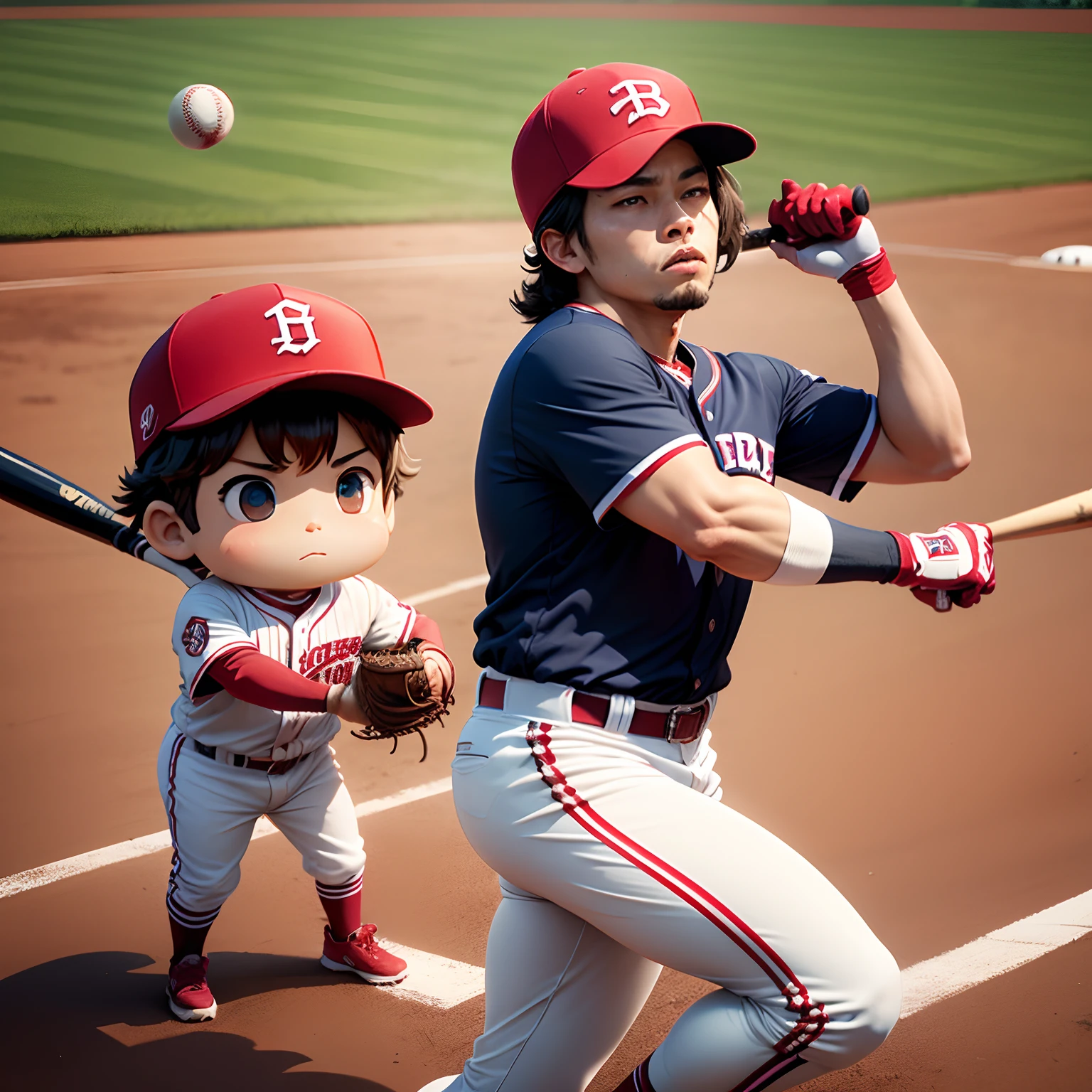 masterpiece、top-quality、ultra-detailliert、(Chibi Baseball Boy:1.2)、(Red Baseball Uniform:1.2)、A to baseball cap、Baseball gloves、Baseball bat、The background is Koshien Stadium、(17 Numbers:1.2)、