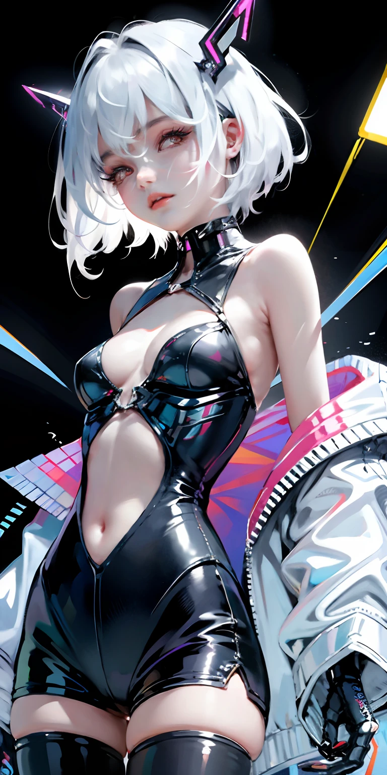 （tmasterpiece，top Quority，best qualtiy），1girll，full bodyesbian，cyber punk perssonage，flatchest，（Upper body bikini），hot pant，（with short white hair），