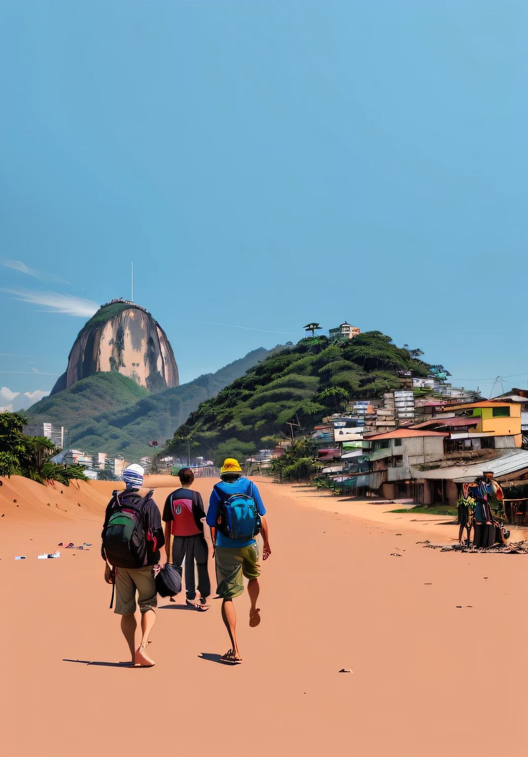 There are three people walking on the sand near a mountain, turistas em segundo plano, viajantes andando pelas ruas, Location ( favela ), rio de janeiro, Location ( favela _ PAREDE ), inspired by Antônio Parreiras, montanha, rio de janeiro favela, colagem digital, Rio de Janeiro em um filme de anime, Fotomontagem, favelas