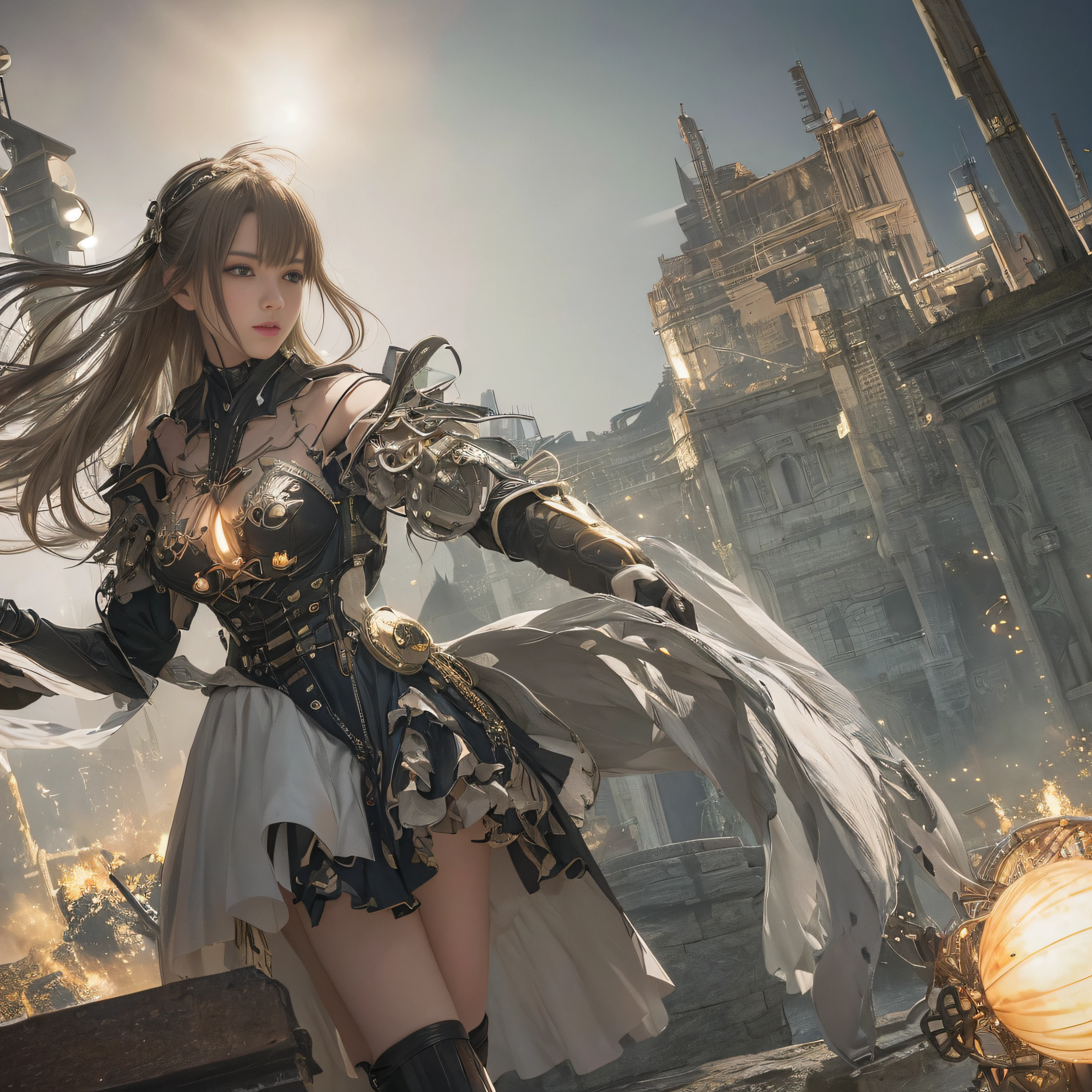 （（best qualtiy））， （（tmasterpiece））， （detaileds：1.4）， 。.。.。.。.。.。.3D， Dynamic Action Poses for Battle Scenes， Wing with jet engine， girl with， Mechanical body， Countless large glowing spheres rotate， Lots of spark crossings and splashes， Mechanical body， Off-the-shoulder fashion that fuses detail and intricate steampunk with detail gothic lolita， Poses that evoke magic， Large ball of light spinning and flying，Countless neon signs fall from the sky，very thin long legs，Mechanical boots above the knee，Alternating orange and blue backgrounds，Complex steampunk headdress on alternating background of ice and fire，Fluttering lace flared mini skirt，beautiful small breasts directed upwards，rather long silver hair，long vertical curls，Wind power generation，Burning futuristic complex steampunk factory background，cinmatic lighting，nffsw（HighDynamicRange）， Ray traching， NVIDIA RTX， Hyper-Resolution， Unreal 5， Sub-surface scattering， PBR Textures， post processed， Anisotropy Filtering， depth of fields， Maximum clarity and sharpness， multi-layer texture， Albedo e mapas Speculares， Surface Coloring， Accurately simulate light-material interactions， perfectly proportions， rendering by octane， two tone lighting， Large aperture， Low ISO， White Balance， trichotomy， 16K RAW，（tmasterpiece，side slits，Fine beautiful eyes：1.2），paleskin，Glowing skin，Surrounded by light，Colossal tits